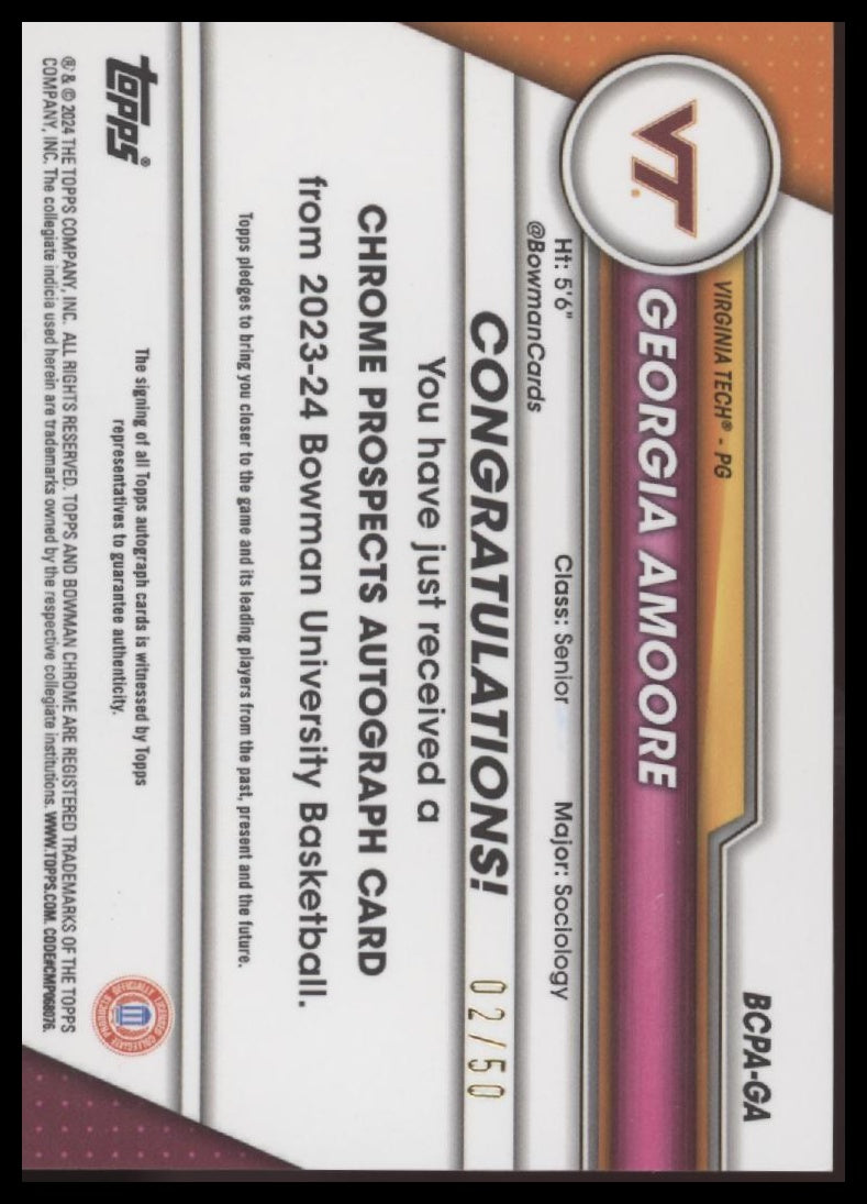 Georgia Amoore 2023-24 Bowman University Chrome Pros. Auto Gold Refractor #/50