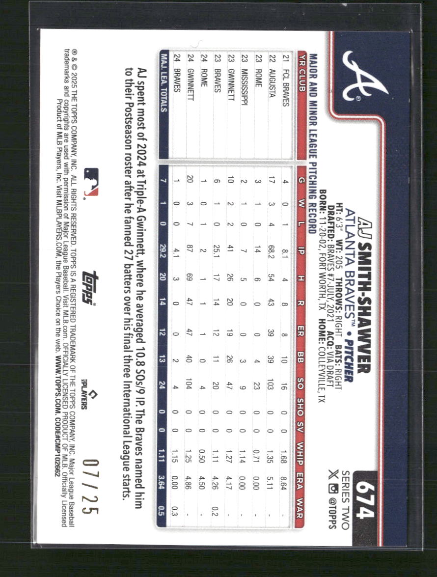 AJ Smith-Shawver 2025 Topps #674 Orange Holo Foil #/25