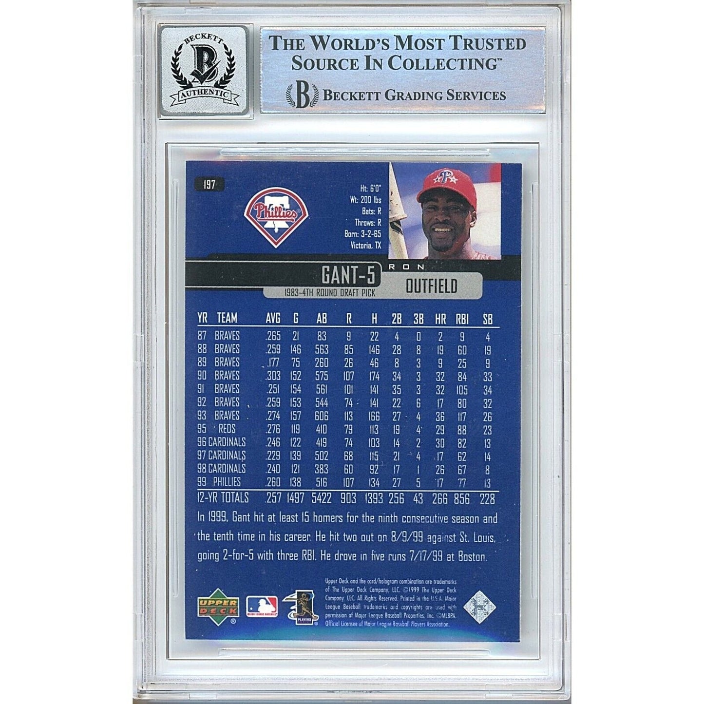 Ron Gant Phillies Signed 2000 Upper Deck Baseball Card BGS Auto 10 Graded Slab