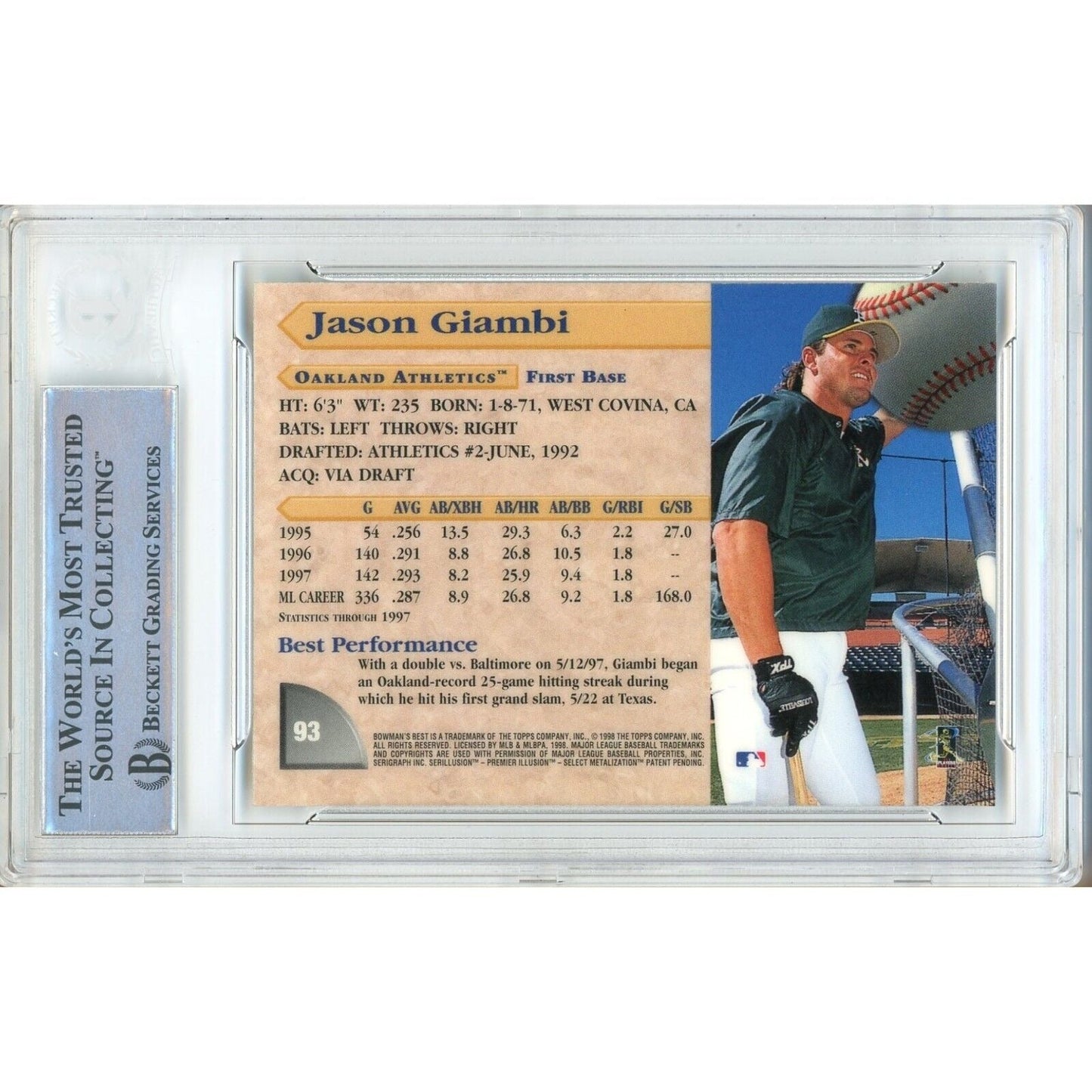 1998 Bowman Best #93 — Jason Giambi Oakland Athletics Autographed Trading Card — Beckett Authentication