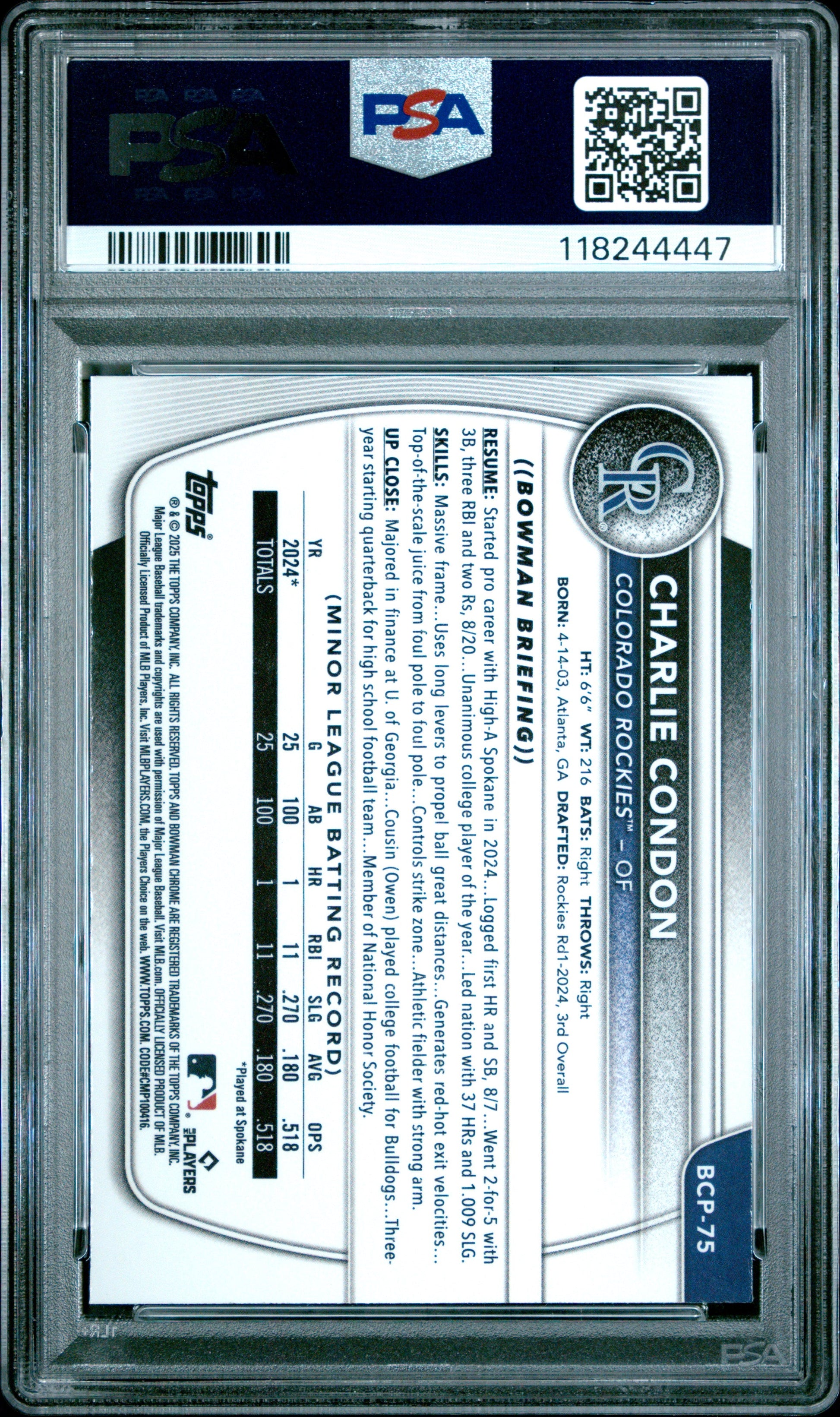 Graded 2025 Topps Bowman Charlie Condon #BCP75 Chrome Prospects Rookie RC Baseball Card PSA 10 Gem Mint - Sport Cards