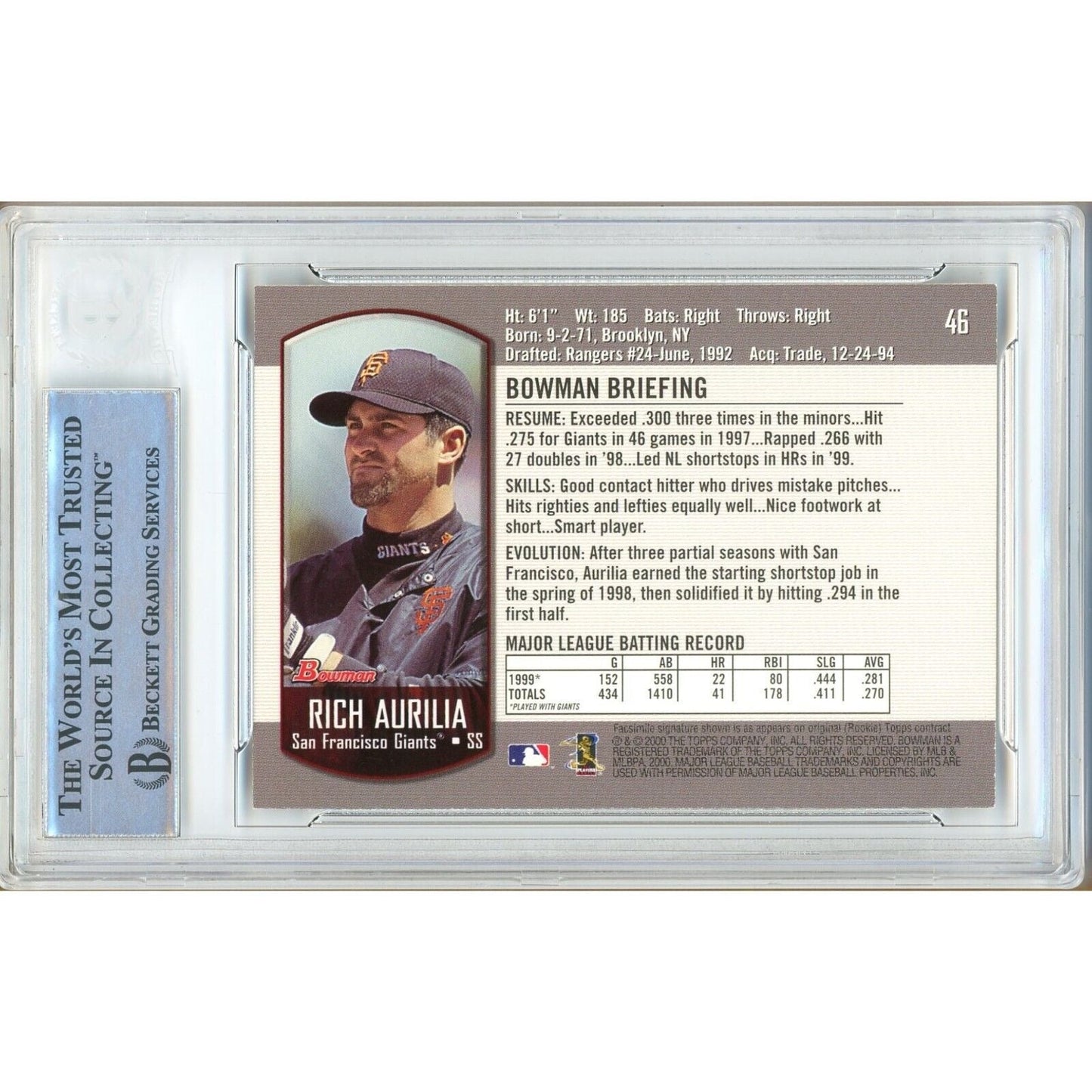 Rich Aurilia San Francisco Giants Signed 2000 Bowman Card Beckett Authentic Auto Slab