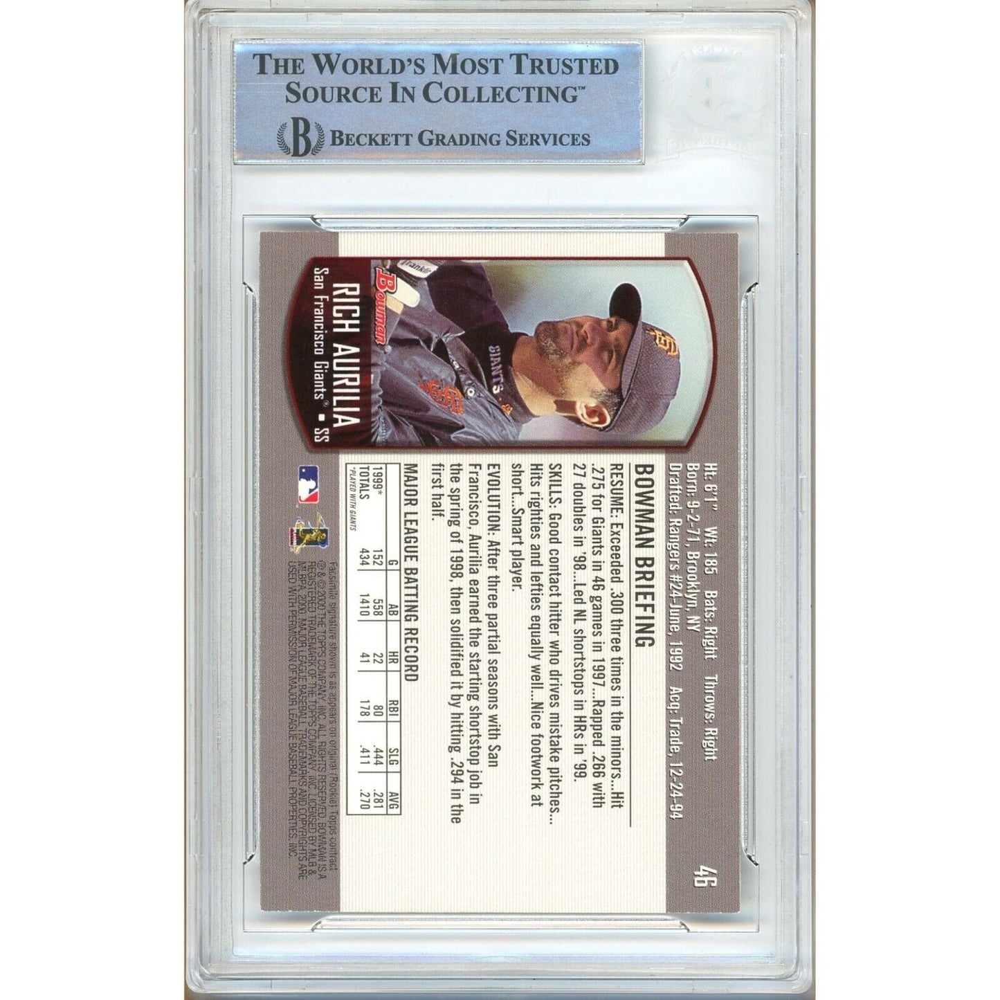 Rich Aurilia San Francisco Giants Signed 2000 Bowman Card Beckett Authentic Auto Slab
