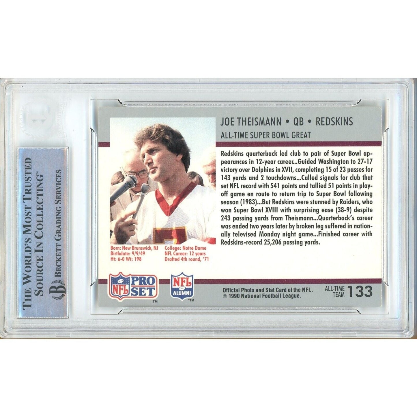 1990 #te — Joe Theismann Washington Commanders Autographed Trading Card — Beckett Authentication