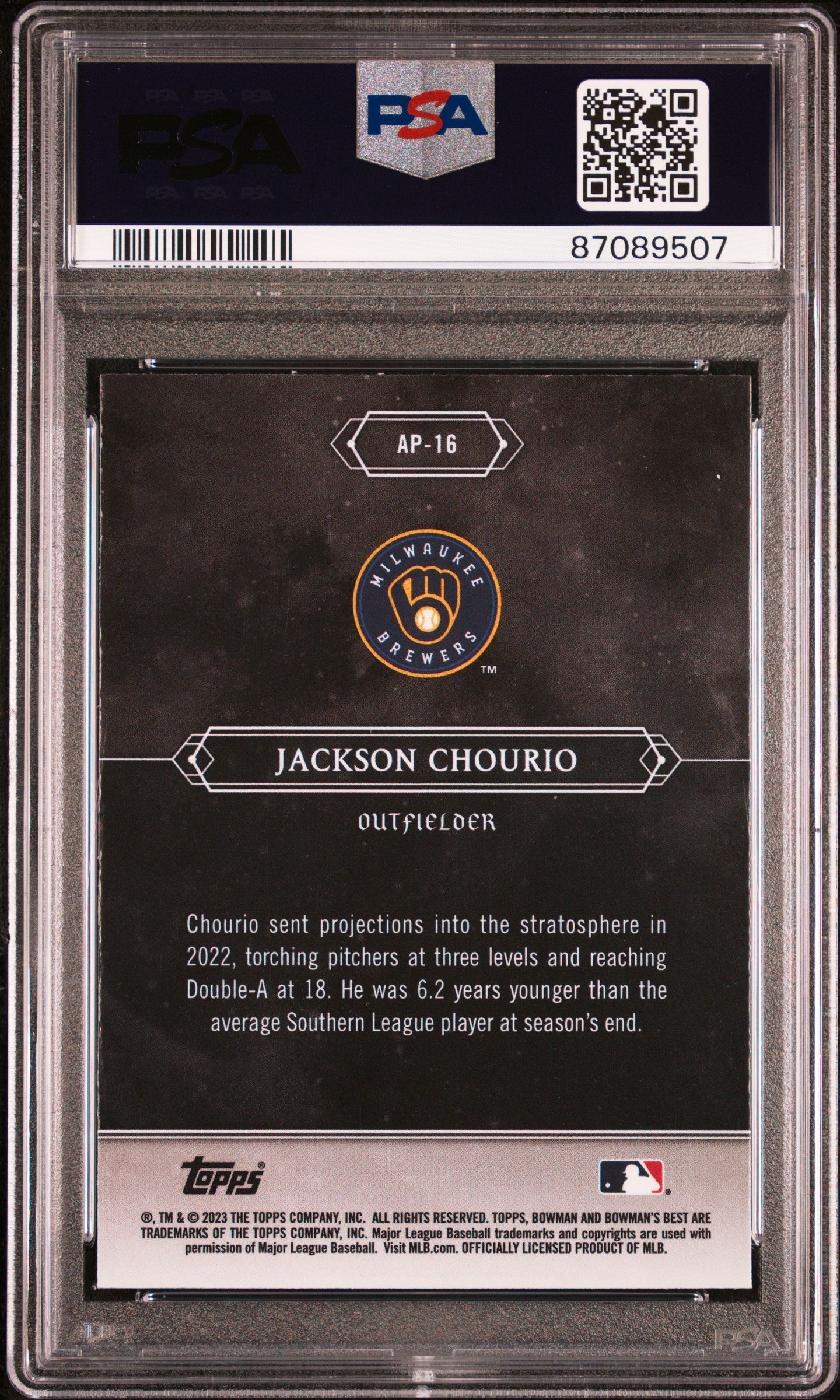 Graded 2023 Topps Bowmans Best Jackson Chourio #AP16 Astral Projections Rookie RC Baseball Card PSA 10 Gem Mint
