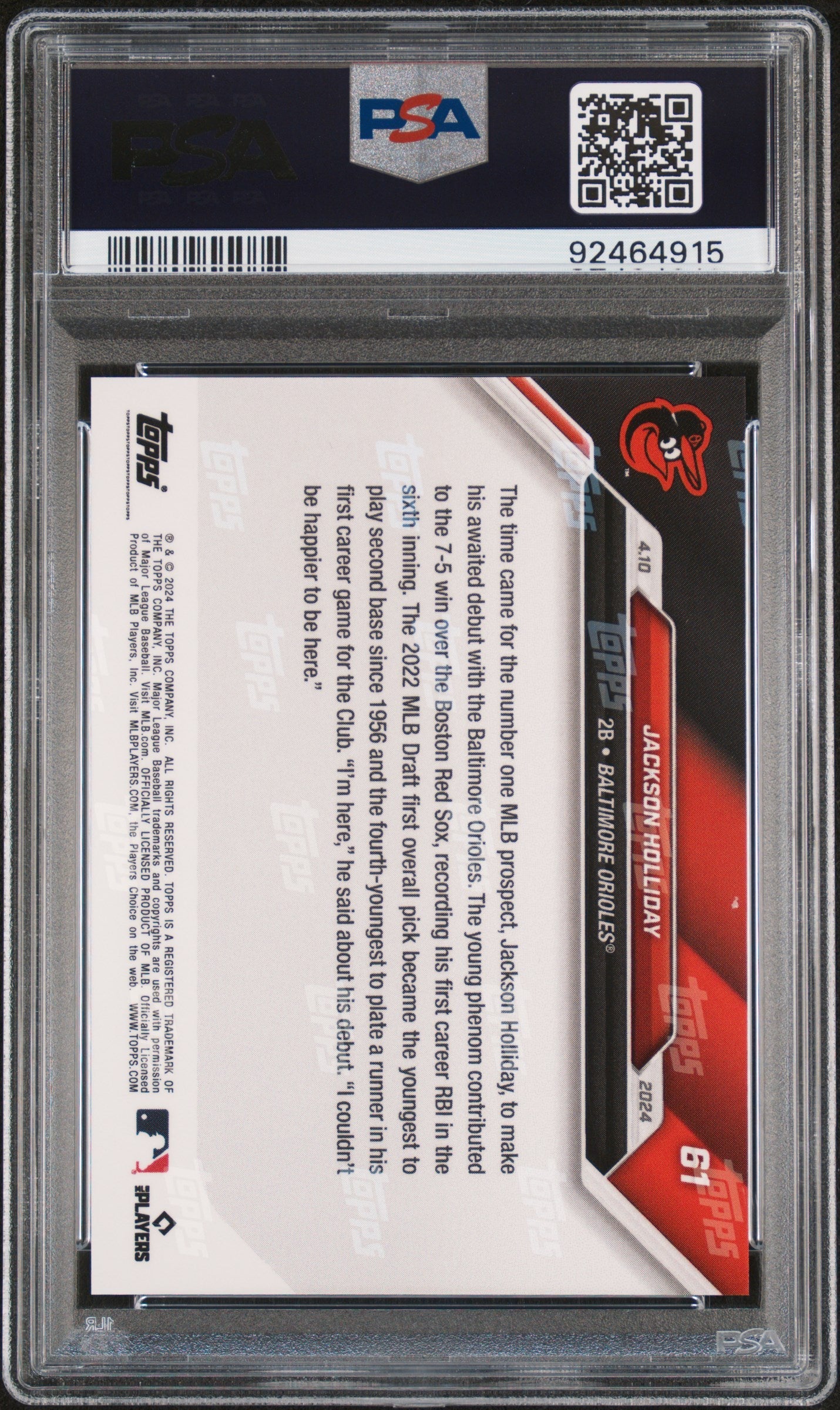 Graded 2024 Topps Now Jackson Holliday #61 Rookie RC Baseball Card PSA 10 Gem Mint