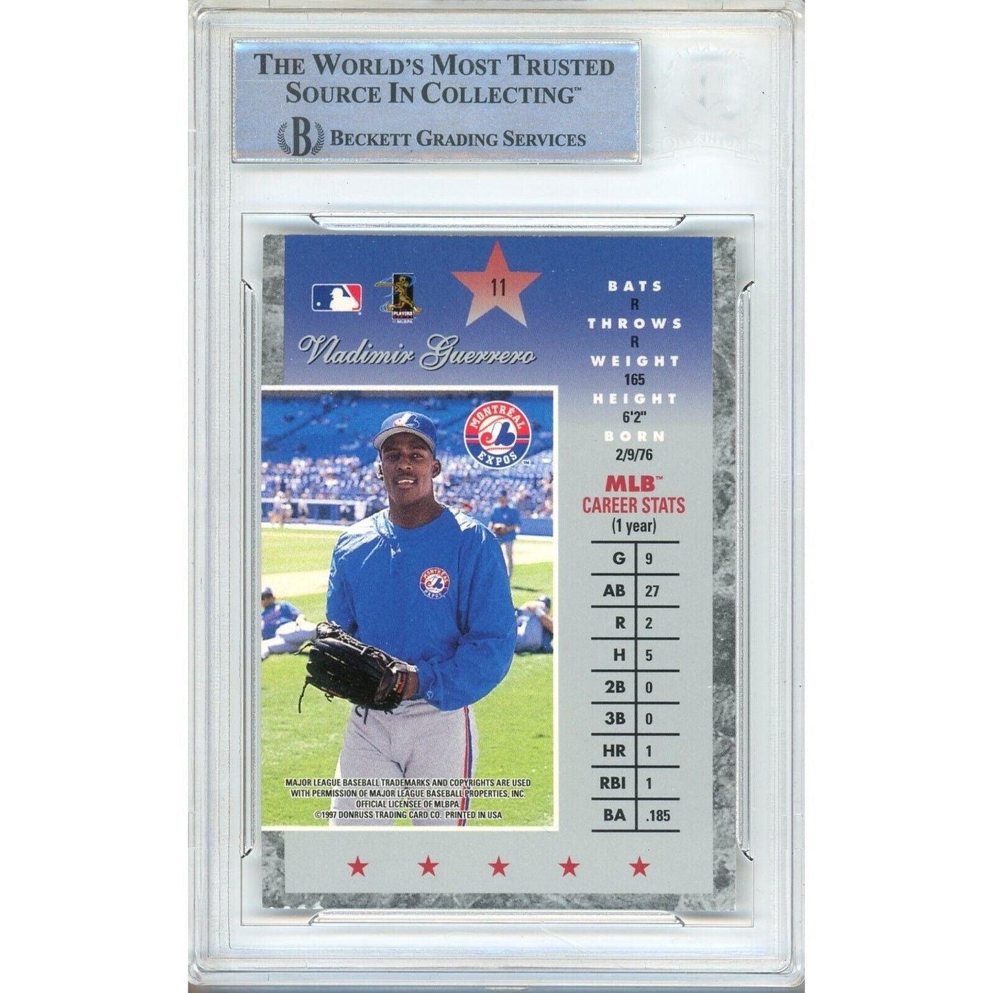 Vladimir Guerrero Montreal Expos Signed 1997 Donruss Elite Card Beckett Authentic Auto Slab