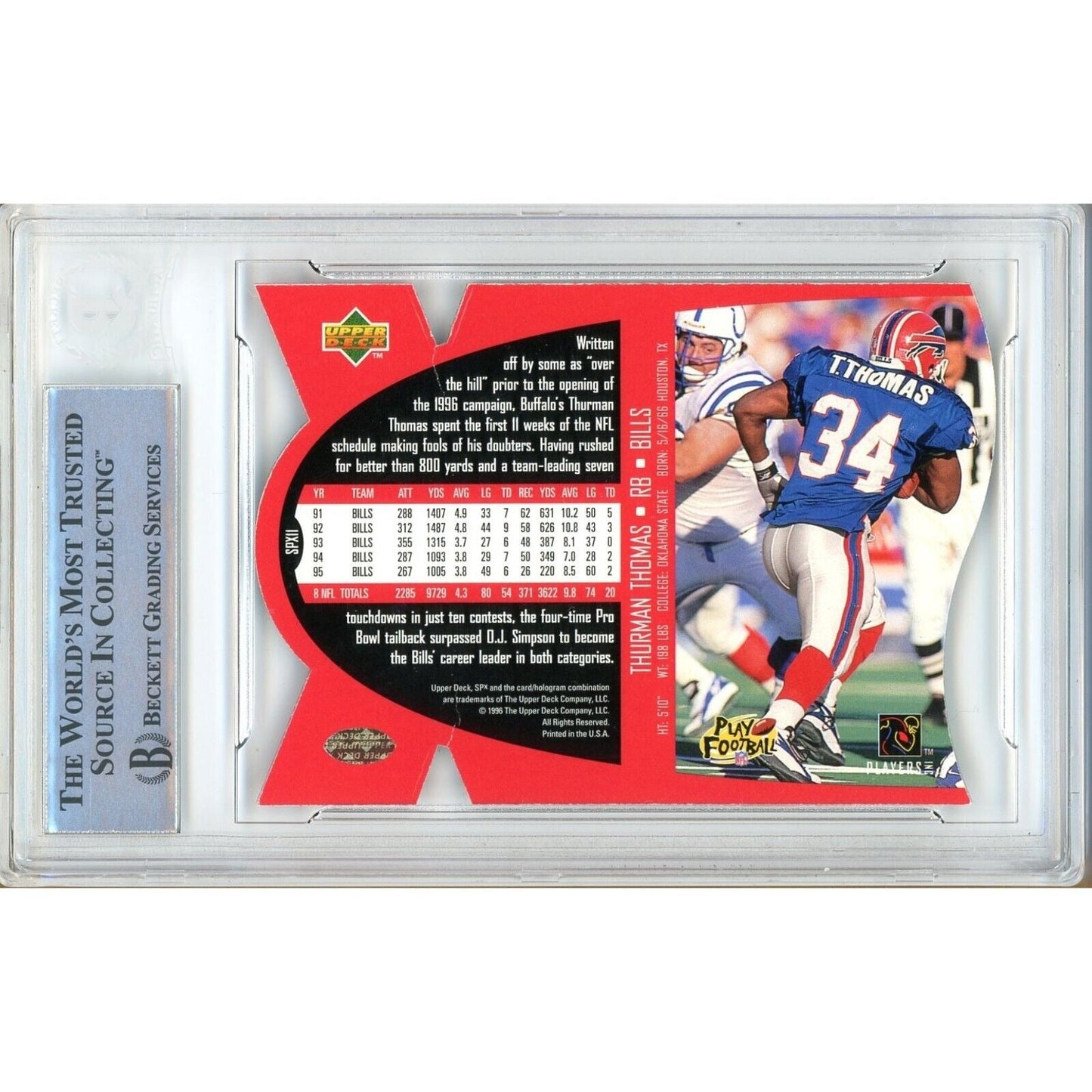 Thurman Thomas Buffalo Bills Signed 1996 Upper Deck SPx Card Beckett Authentic Auto Slab