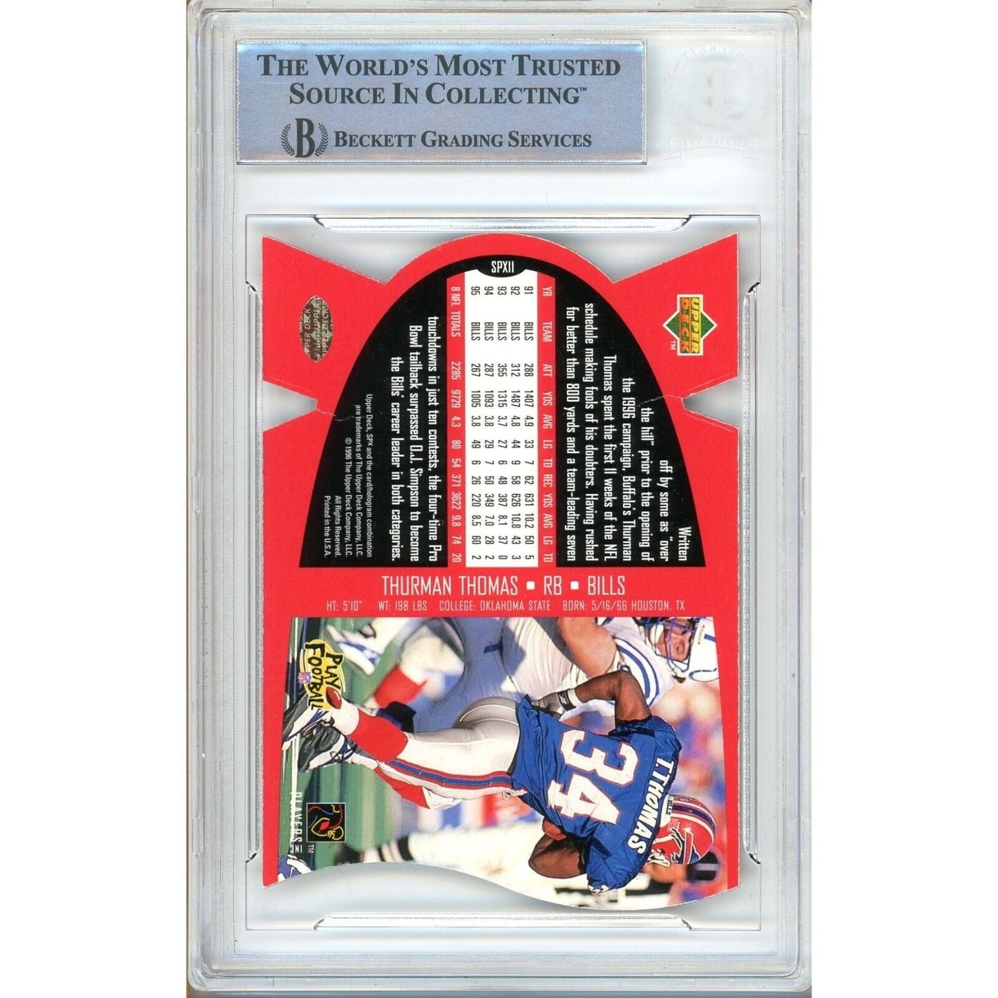 Thurman Thomas Buffalo Bills Signed 1996 Upper Deck SPx Card Beckett Authentic Auto Slab