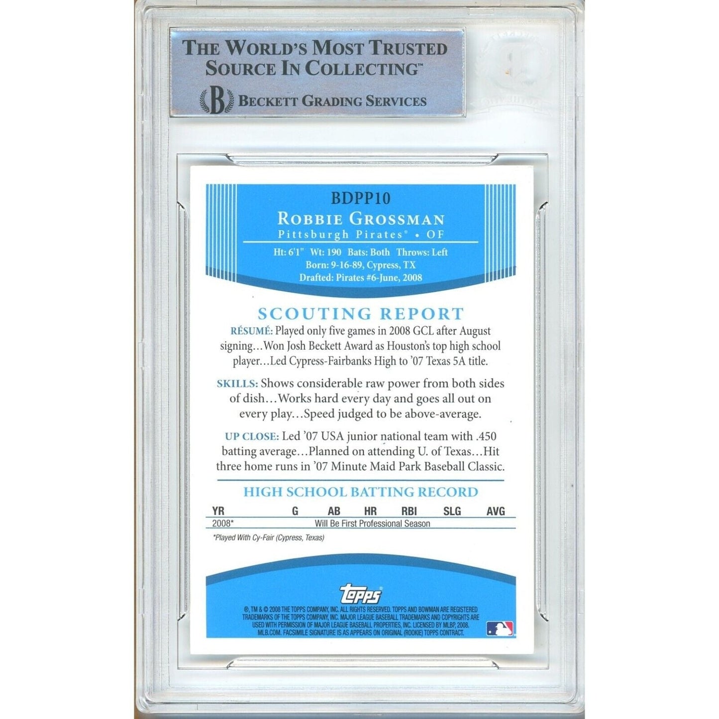 Robbie Grossman Pittsburgh Pirates Signed 2008 Bowman Draft Card Beckett Auth Auto Slab