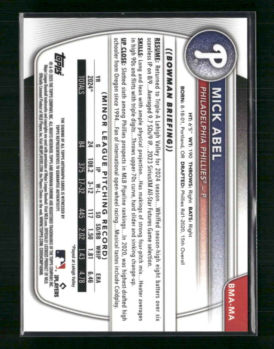 Mick Abel 2025 Bowman #BMA-MA Chrome Prospects Autographs Mojo Refractor