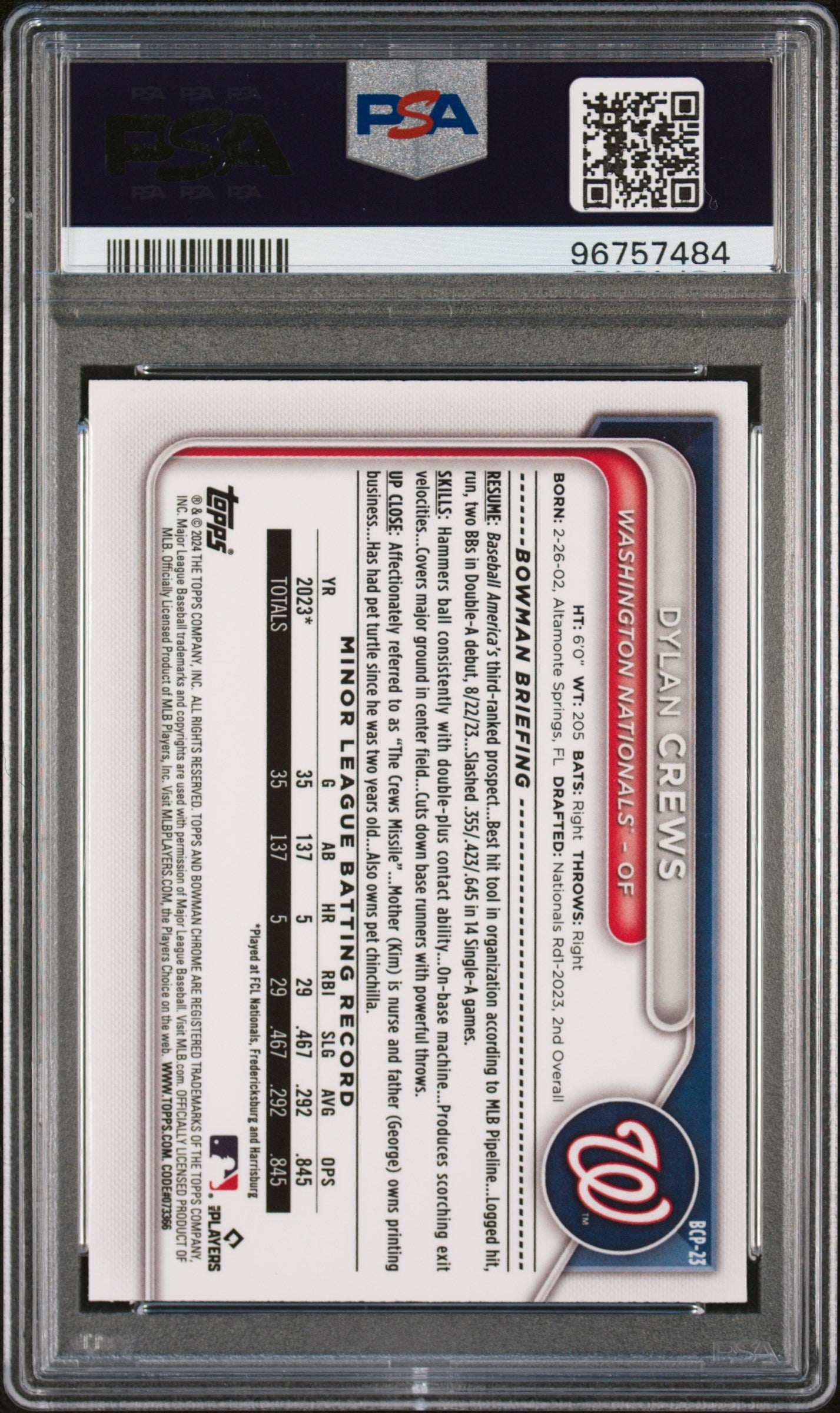 Dylan Crews 2024 Bowman Mega Box Chrome Prospects #23 Aqua Ref PSA 9