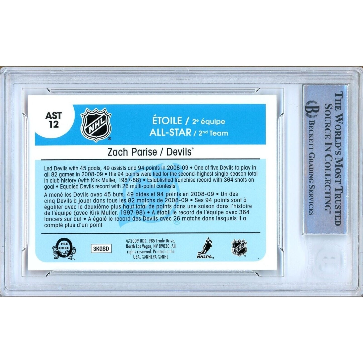 Zach Parise New Jersey Devils Signed 2009-10 O-Pee-Chee Card Beckett Authentic Auto Slab