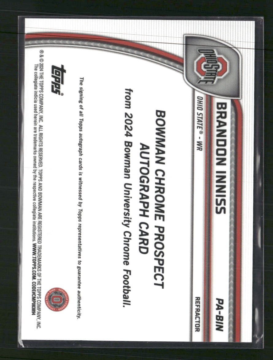 Brandon Inniss 2024 Bowman University Chrome #PA-BIN Prospect Autographs #/299