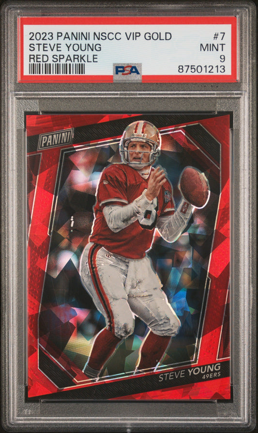 Steve Young 2023 Panini National Vip Gold #7 Red Sparkle PSA 9