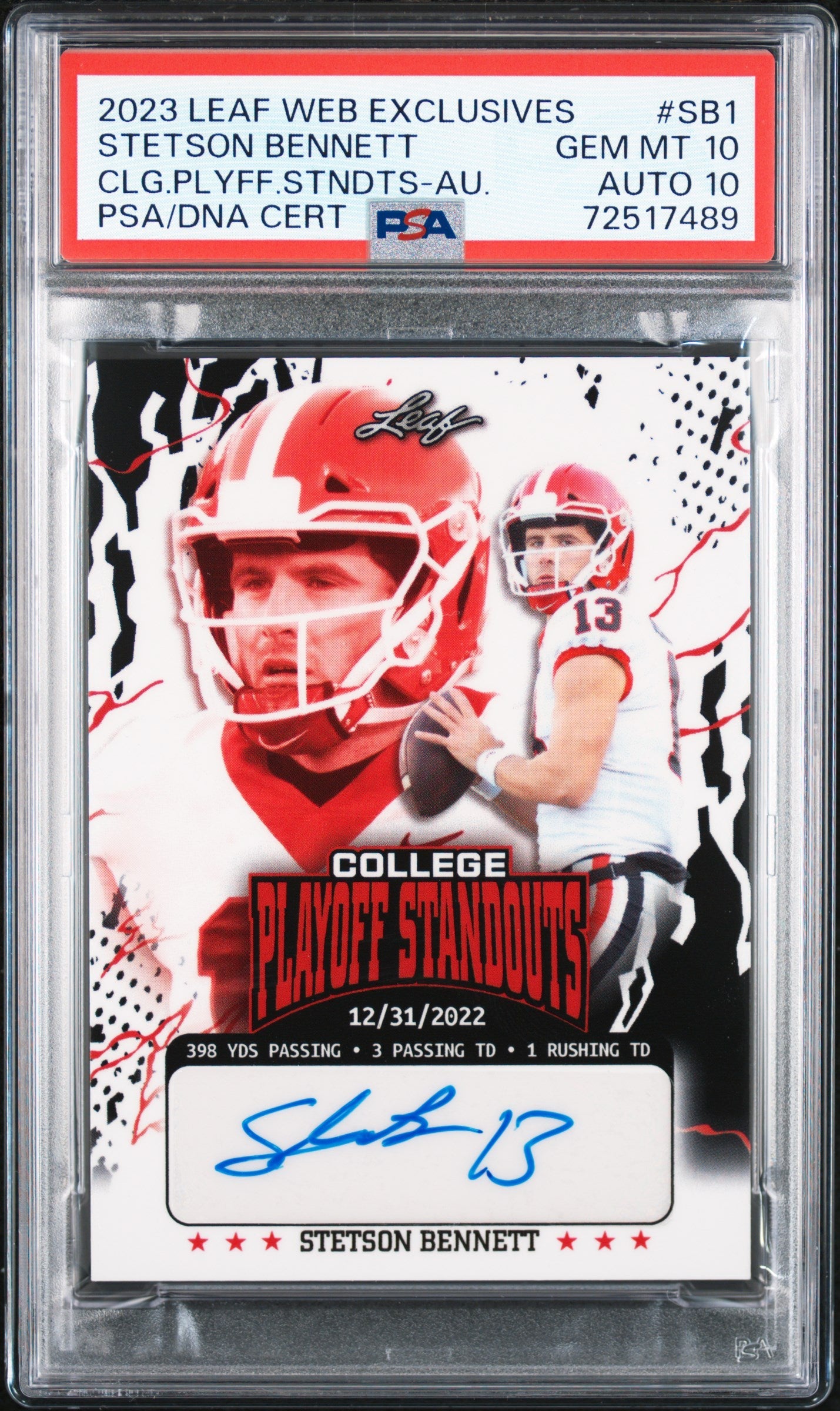 Graded 2023 Leaf College Playoff Standouts Stetson Bennett #SB1 Autographed #/274 Rookie RC Football Card PSA/DNA 10 Gem Mint Auto Grade 10