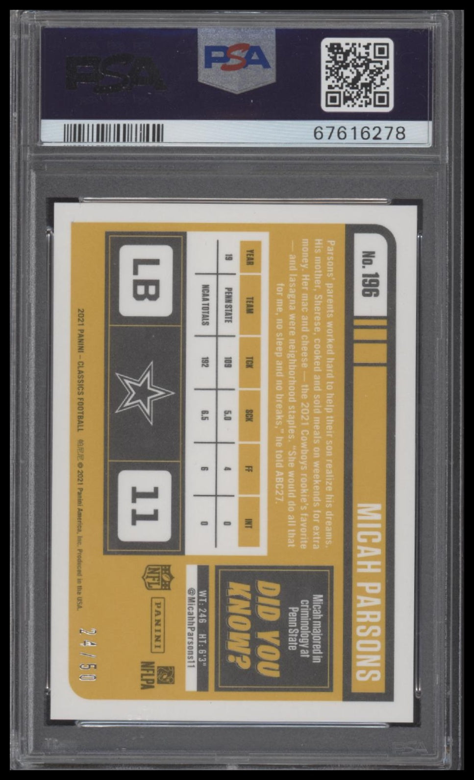 Micah Parsons 2021 Panini Classics #196 Timeless Tributes Purple PSA 10 - Sport Cards