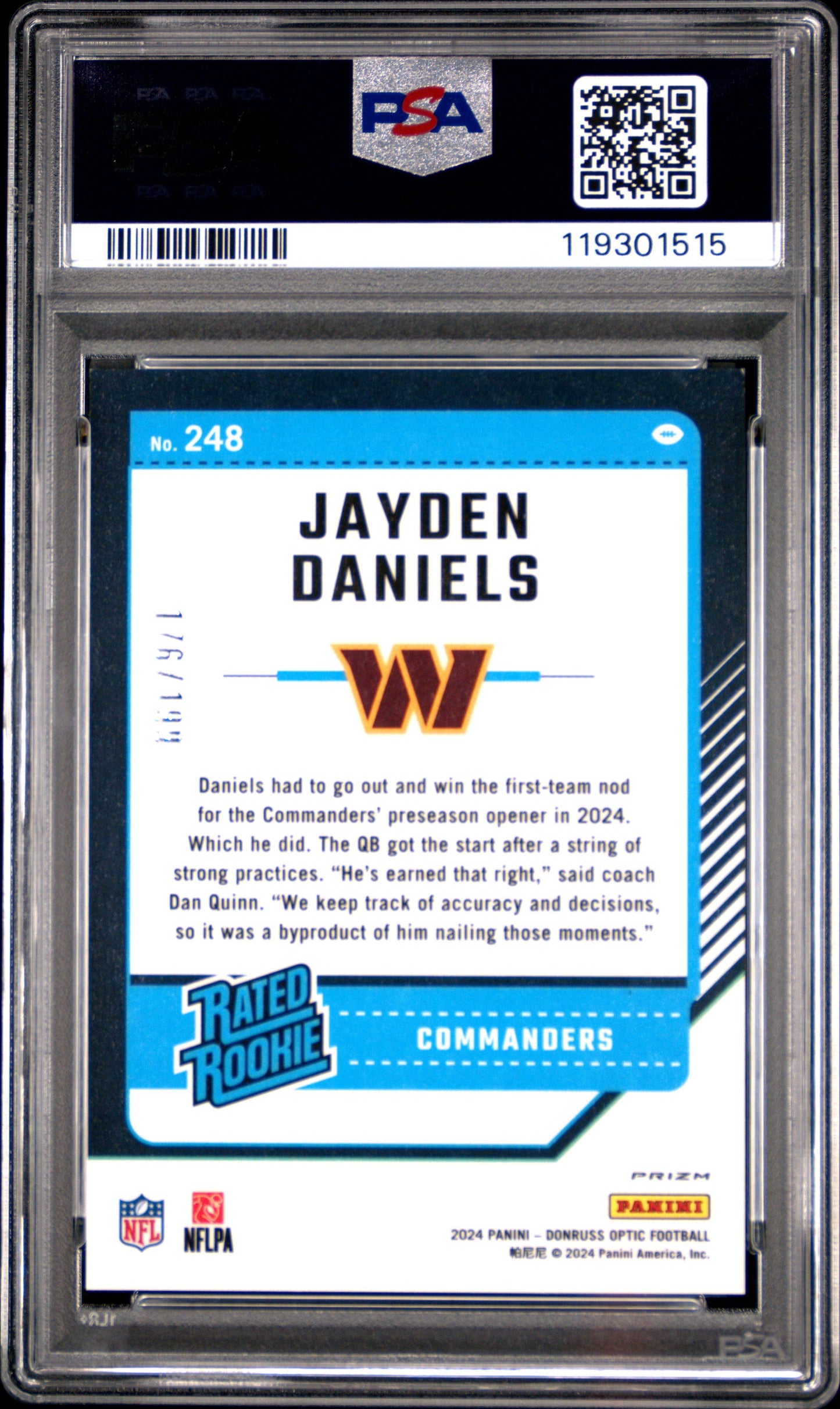 Jayden Daniels 2024 Panini Donruss Optic #248 Blue PSA 9