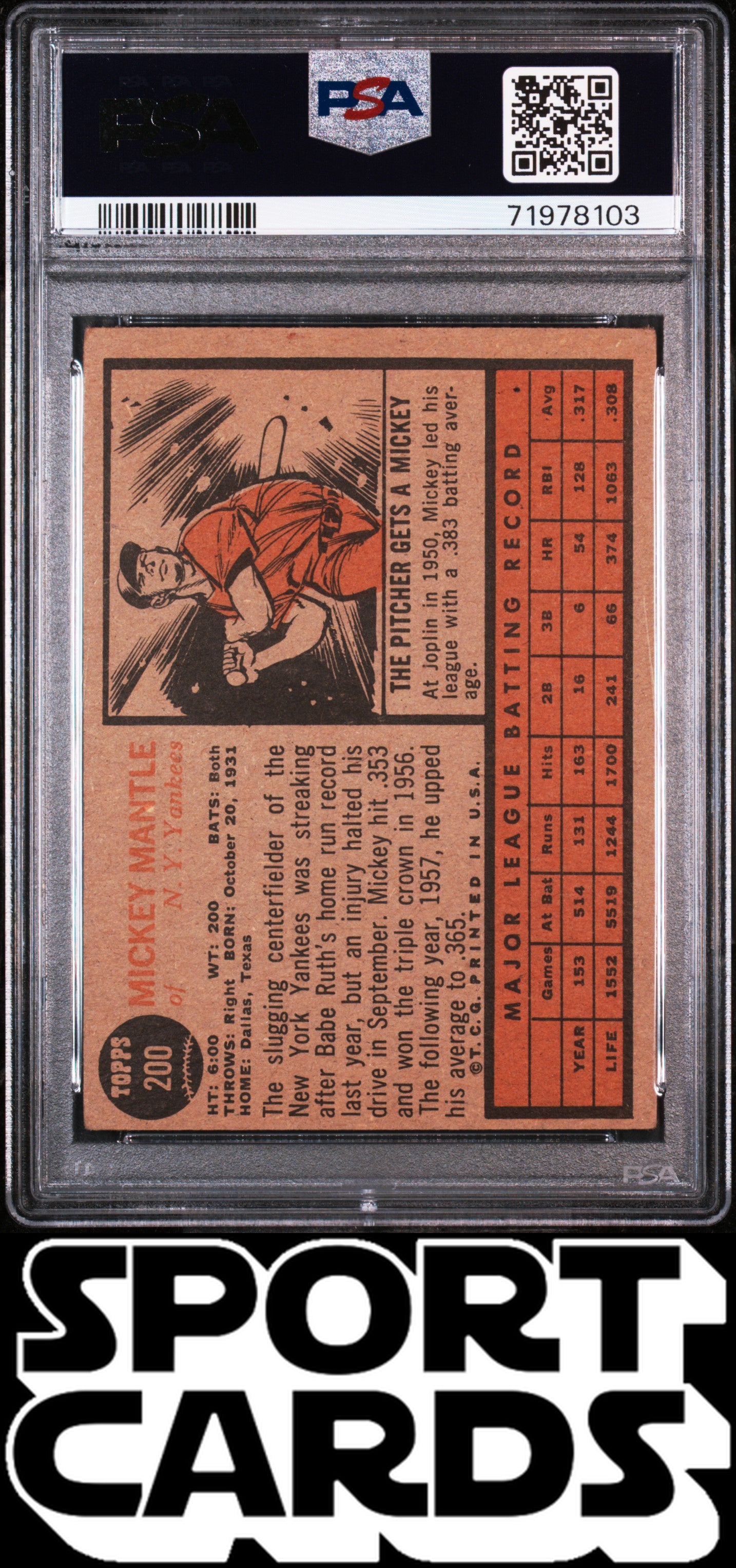 1962 Topps #200 Mickey Mantle PSA 2.5 SportCards.com