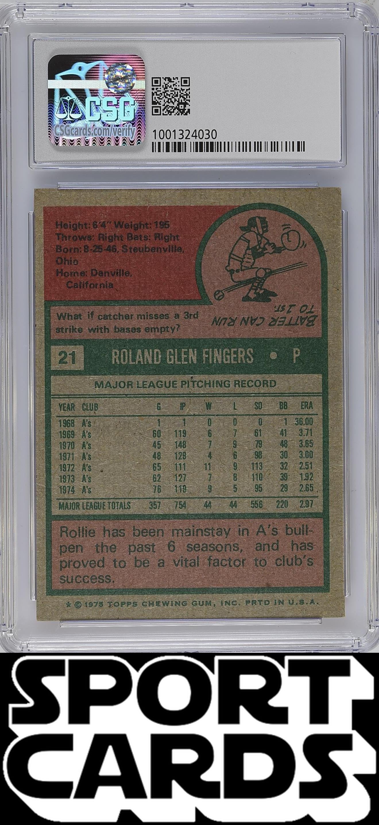Topps #21 Rollie Fingers CSG 6 SportCards.com
