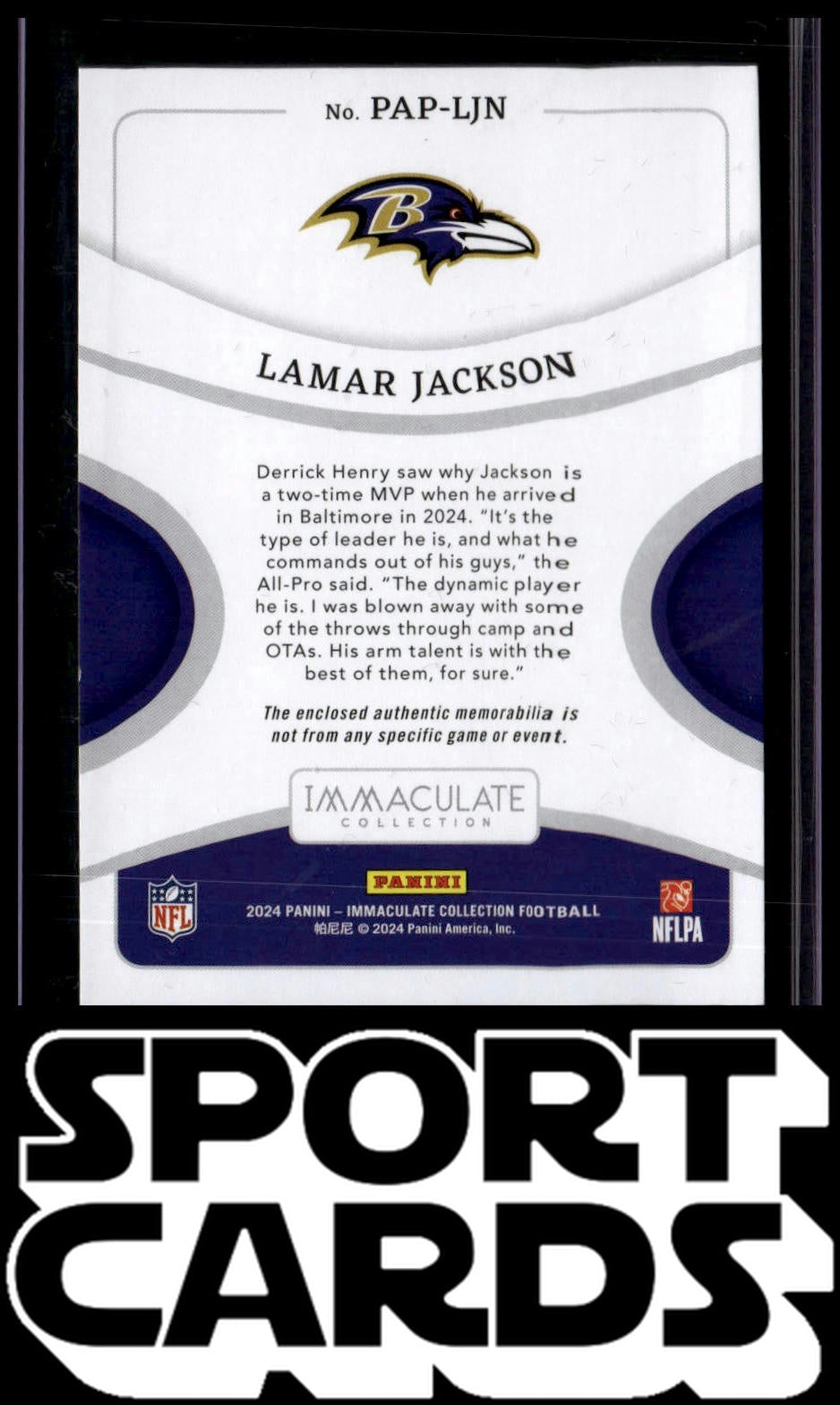 2024 Immaculate - Past and Present Materials #PAP-LJN Lamar Jackson #/99