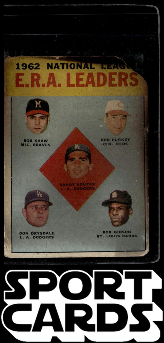 1963 Topps #5 NL ERA Leaders (Sandy Koufax / Shaw / Purkey / Drysdale / Gibson)
