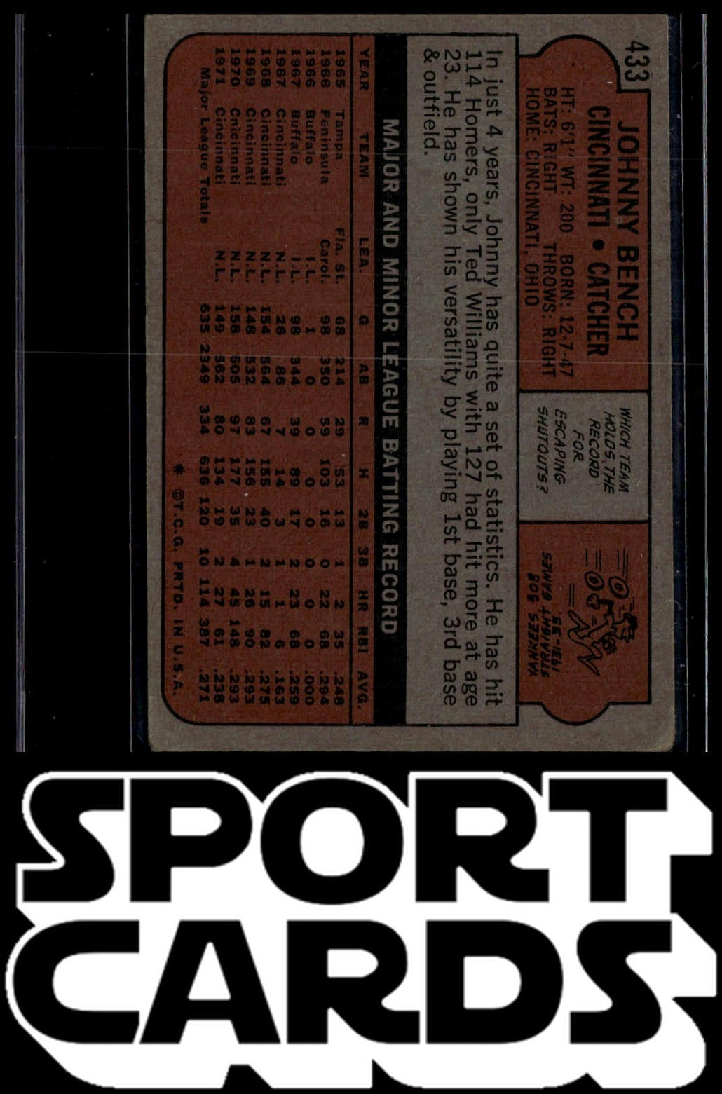 1972 Topps #433 Johnny Bench SportCards.com