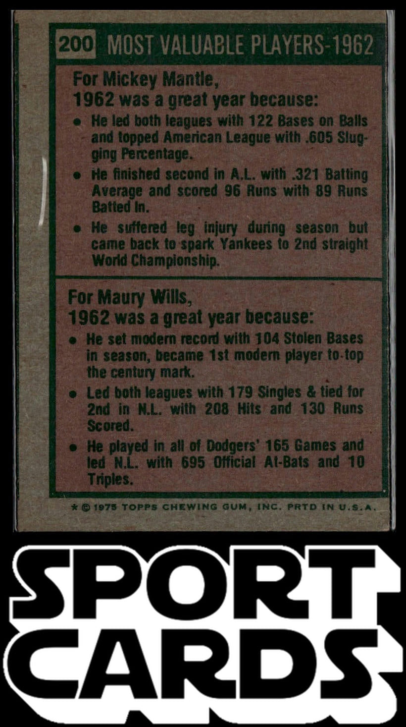 1975 Topps #200 1962 MVPs (Mickey Mantle / Maury Wills) MVP SportCards.com