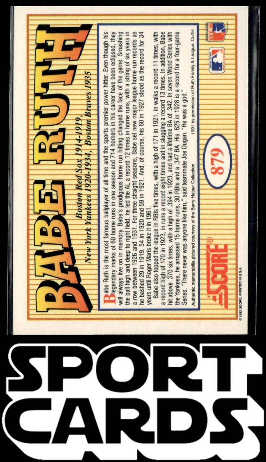 1992 Score #879 Babe Ruth SportCards.com