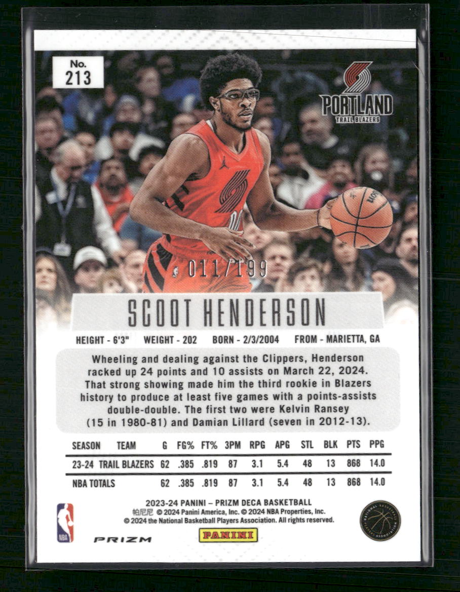 Scoot Henderson 2023-24 Panini Prizm Deca #213 Prizms Red #/199