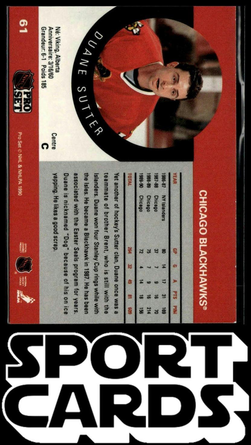 1990-91 Pro Set #61a Duane Sutter Retired stripe on front SportCards.com