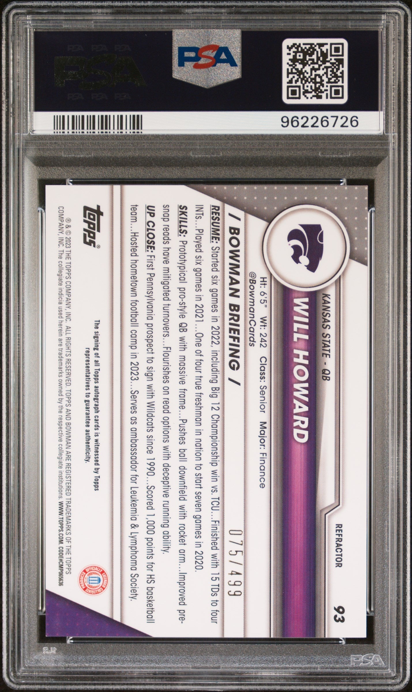 Will Howard 2023 Bowman University Chrome #93 Autograph-Refractor PSA 9 - Sport Cards