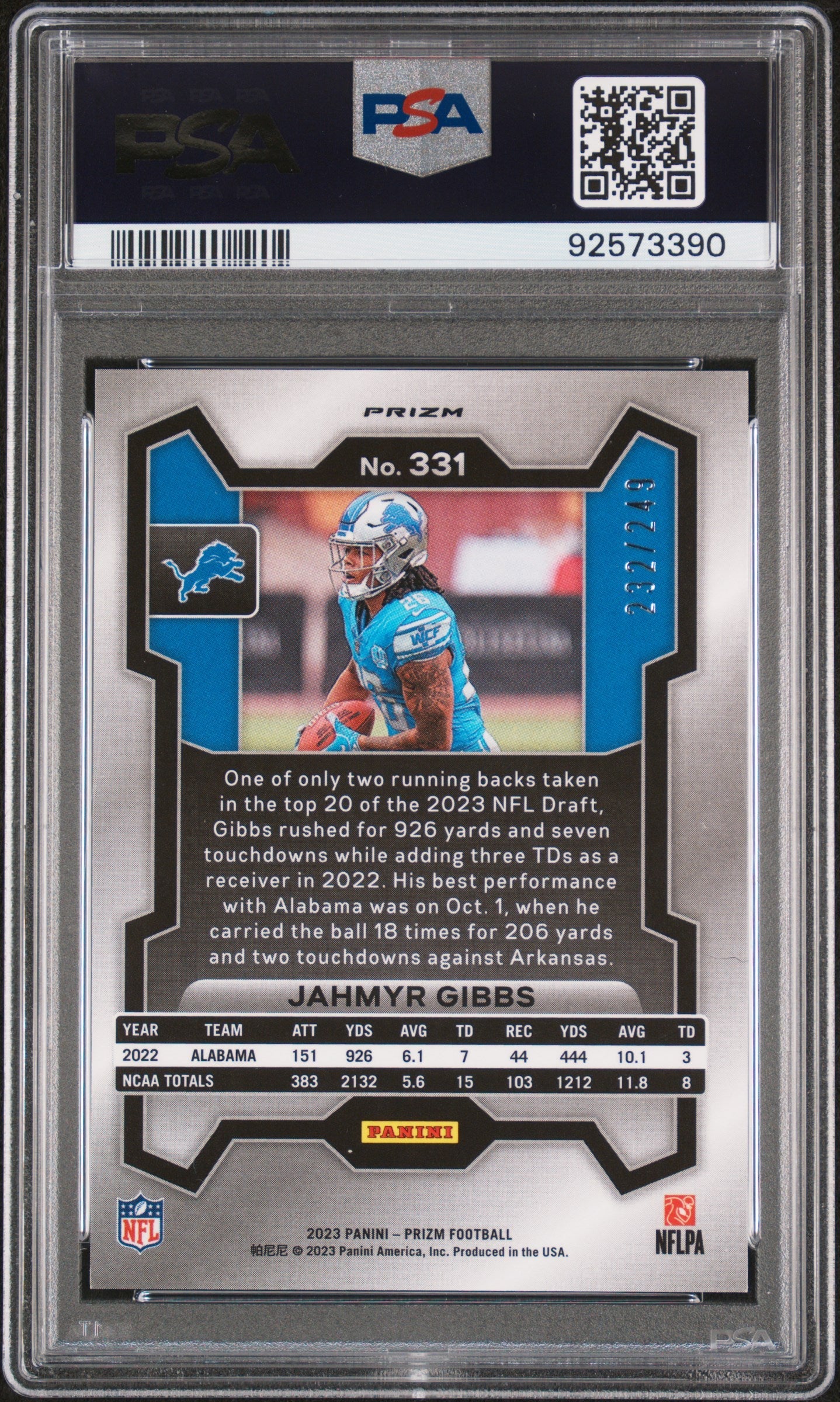 Jahmyr Gibbs 2023 Panini Prizm #331 Orange Prizm PSA 10 - Sport Cards