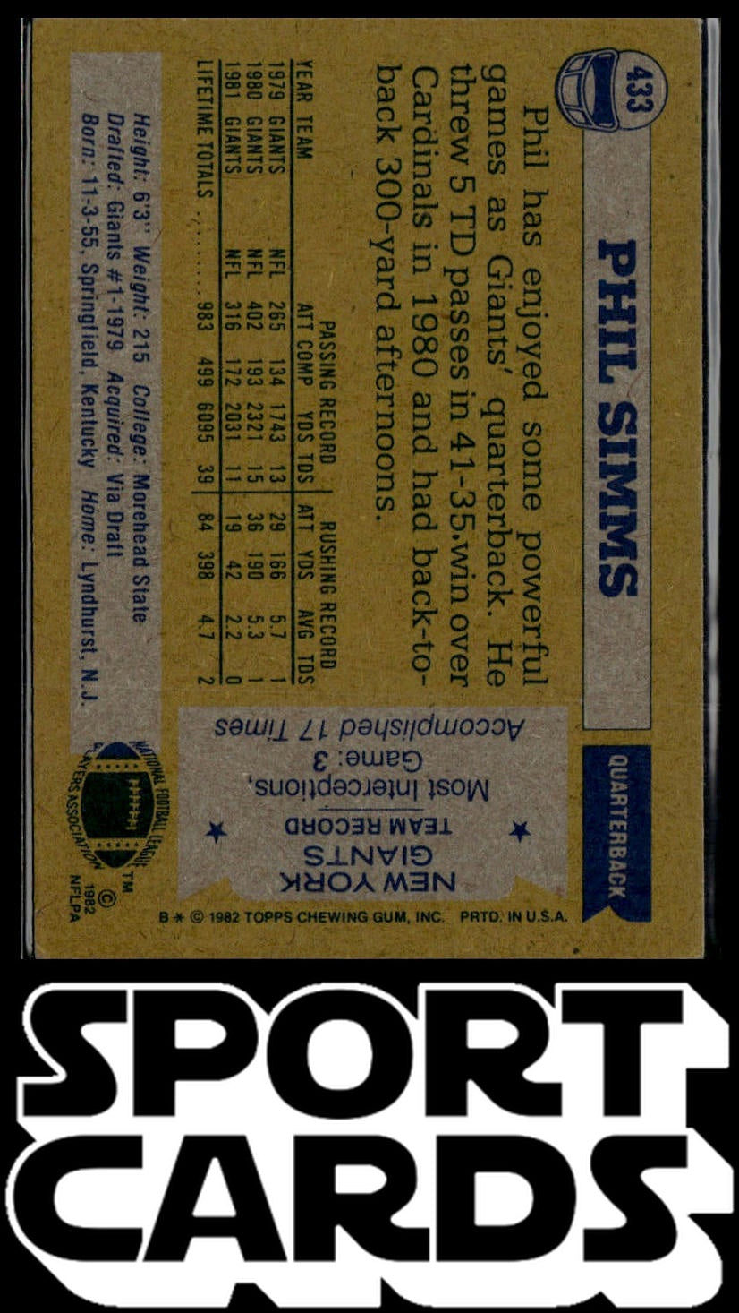 1982 Topps #433 Phil Simms SportCards.com