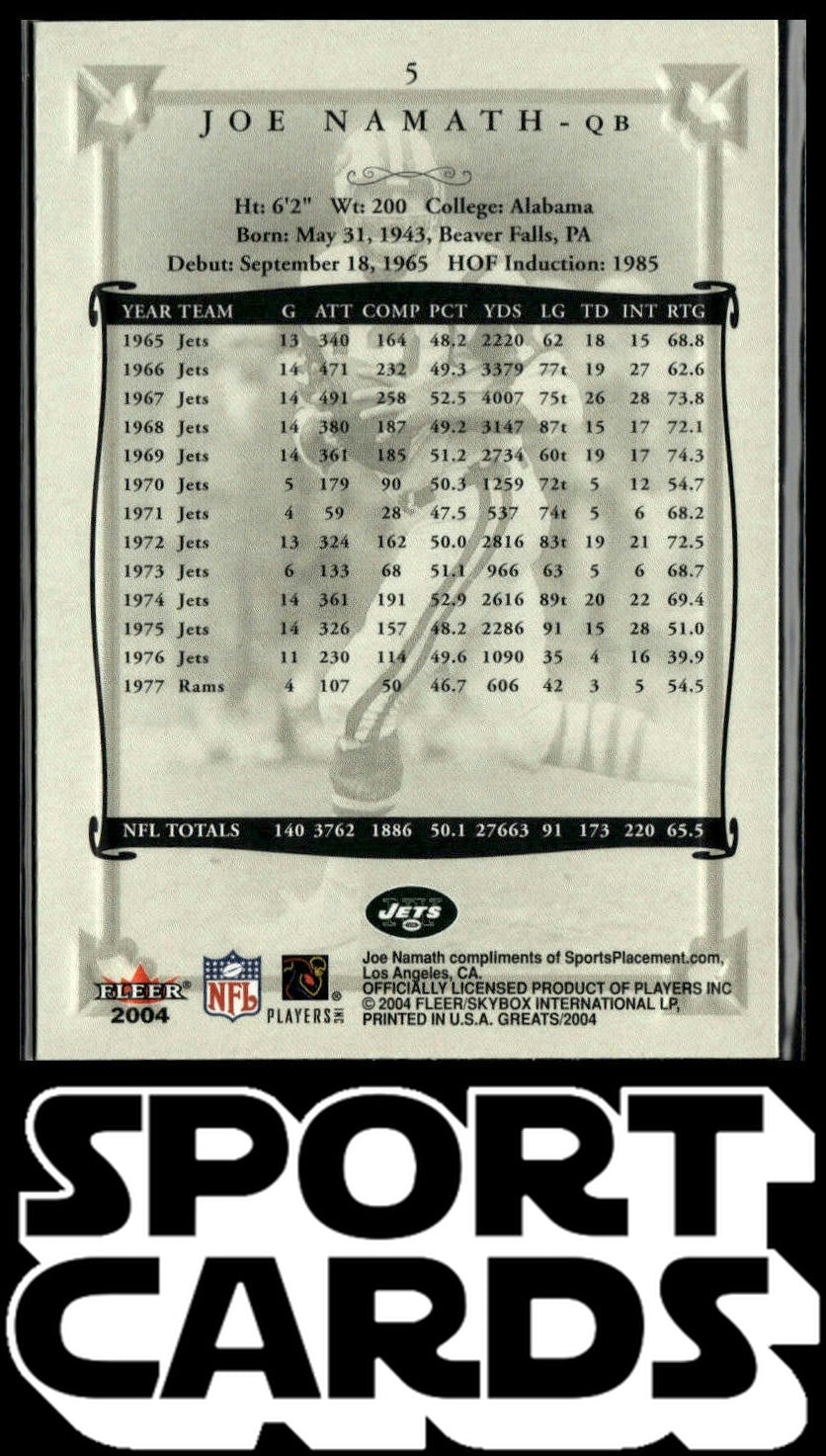 2004 Fleer Greats of the Game #5 Joe Namath SportCards.com