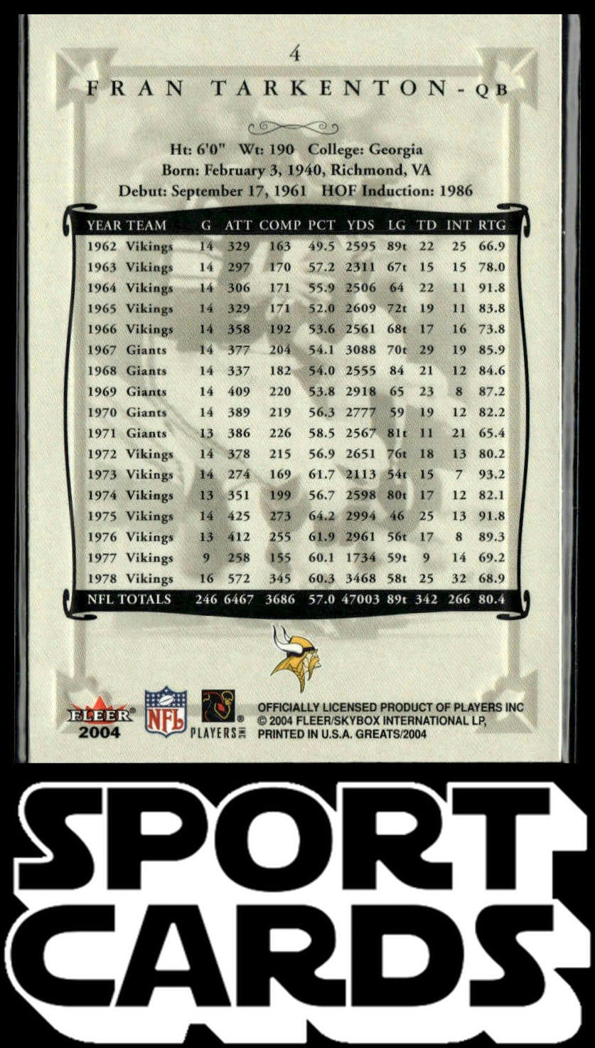 2004 Fleer Greats of the Game #4 Fran Tarkenton SportCards.com