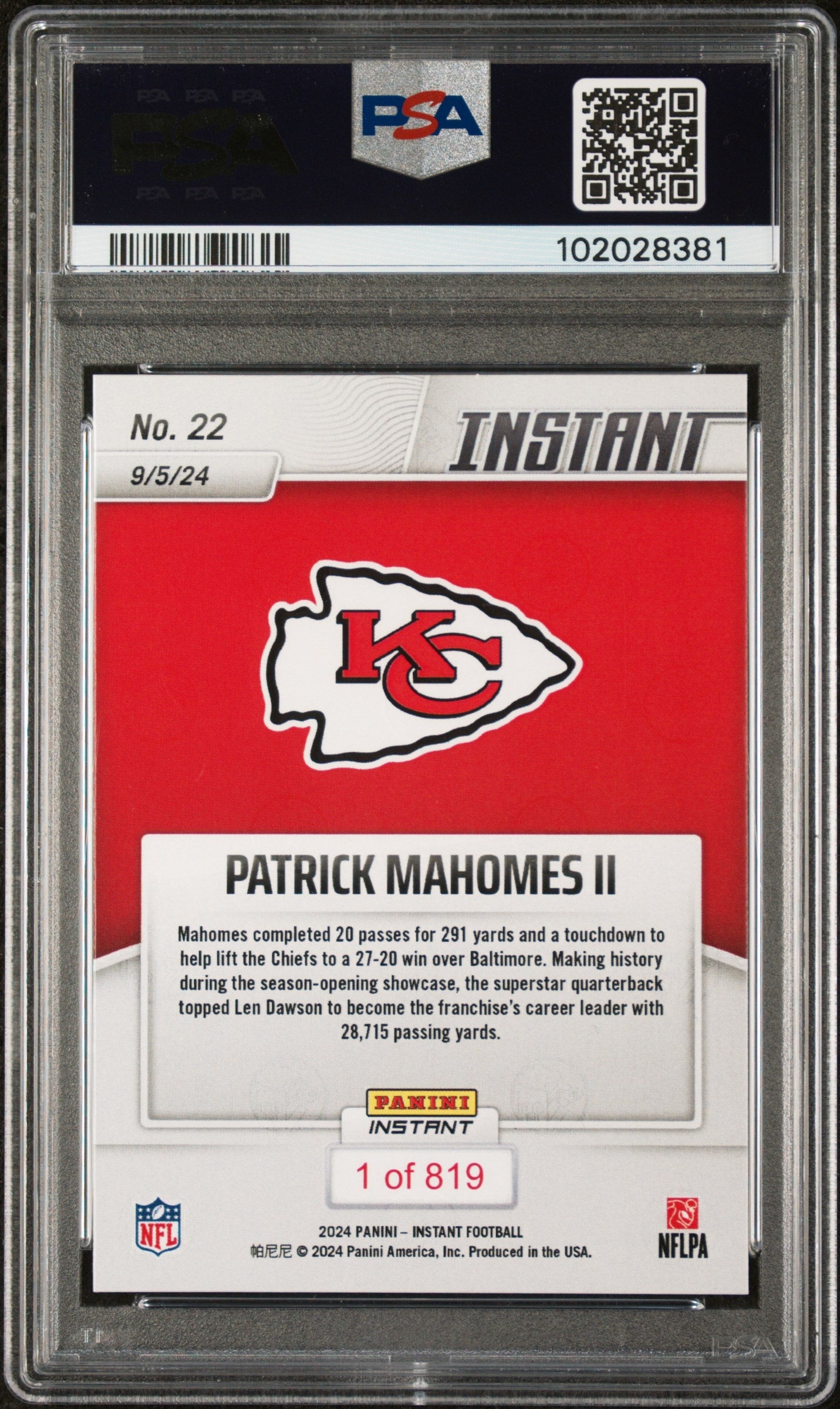 Graded 2024 Panini Instant NFL Patrick Mahomes II #22 Chiefs Career Passing Record Football Card PSA 10 Gem Mint