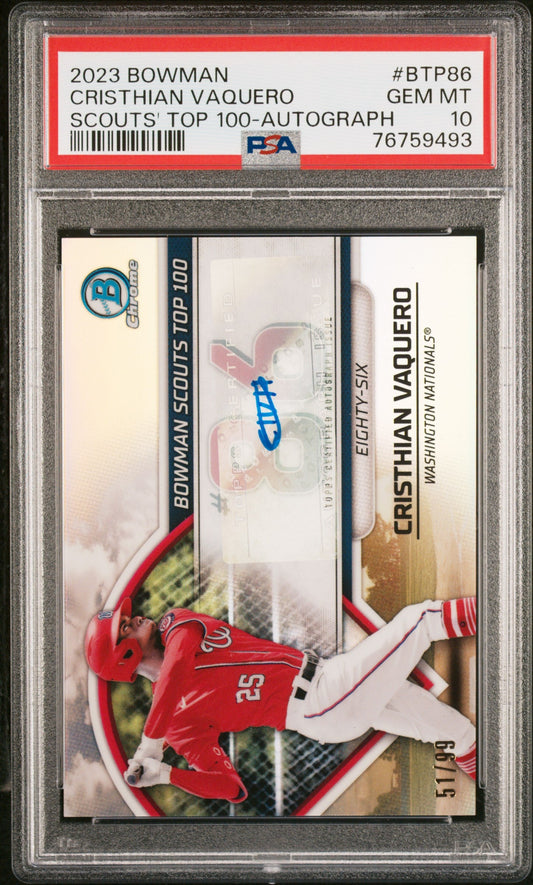 Cristhian Vaquero 2023 Bowman Scouts Top 100 #BTP86 Autograph PSA 10