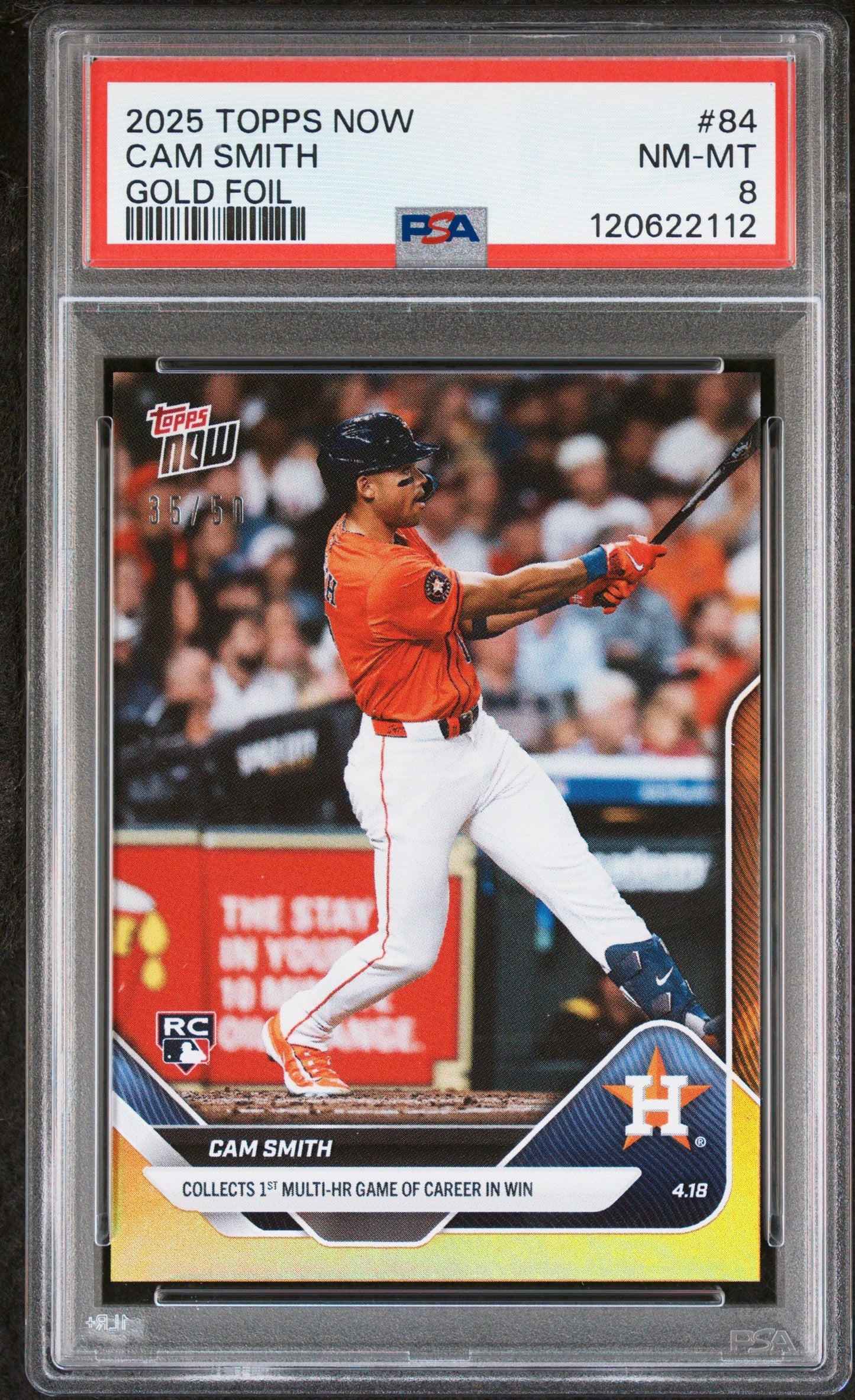 Graded 2025 Topps Now Cam Smith #84 Gold Foil /50 Rookie RC Baseball Card PSA 8 Near Mint