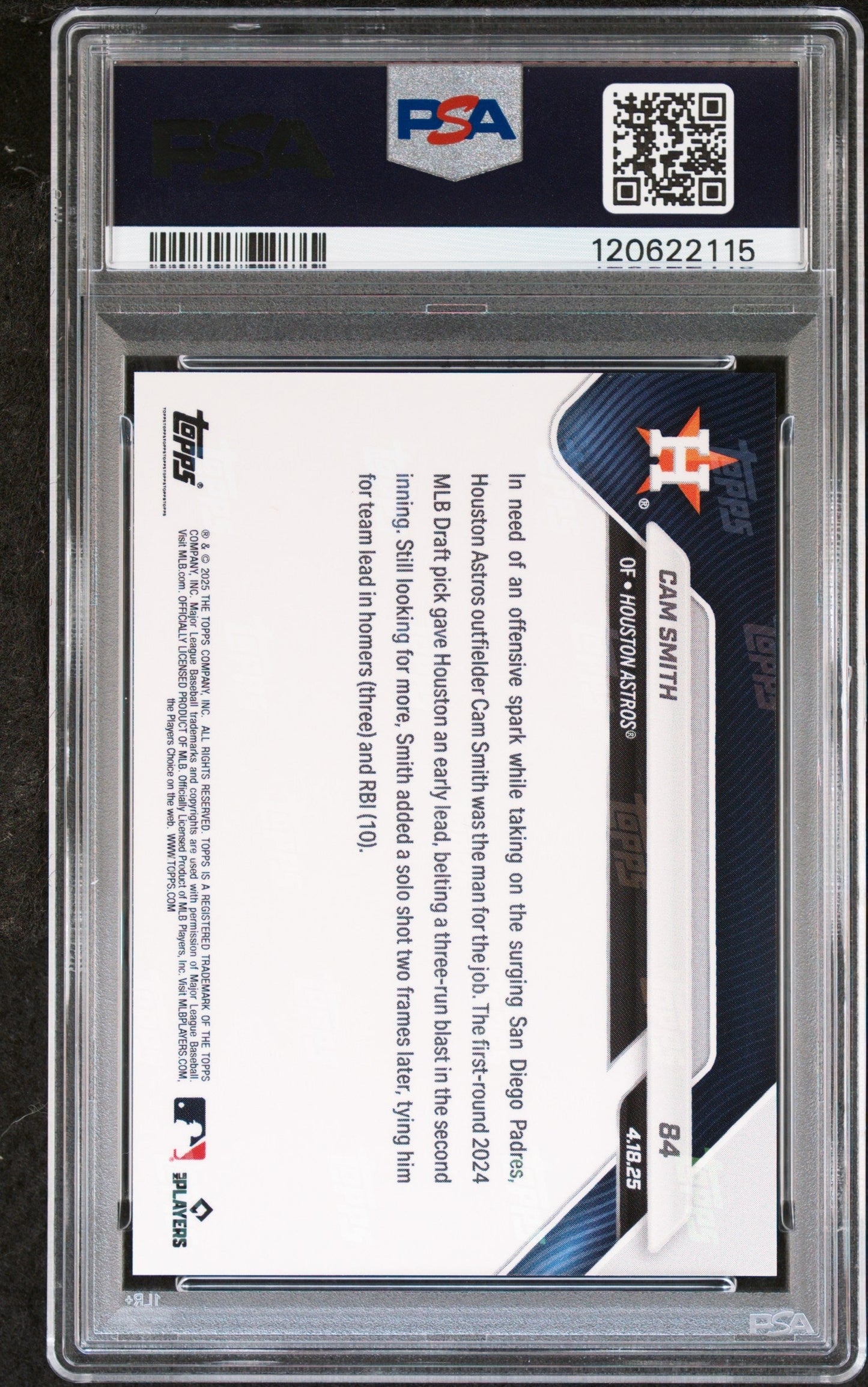 Graded 2025 Topps Now Cam Smith #84 Rookie RC Baseball Card PSA 9 Mint