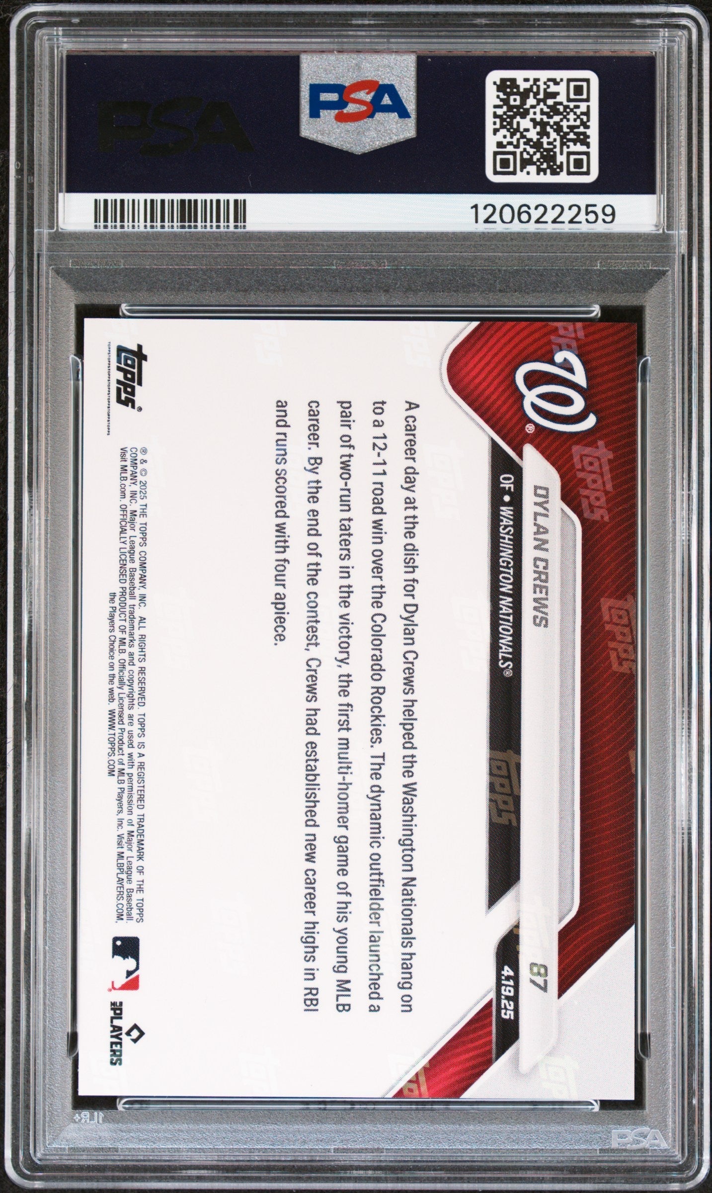 Graded 2025 Topps Now Dylan Crews #87 Rookie RC Baseball Card PSA 9 Mint