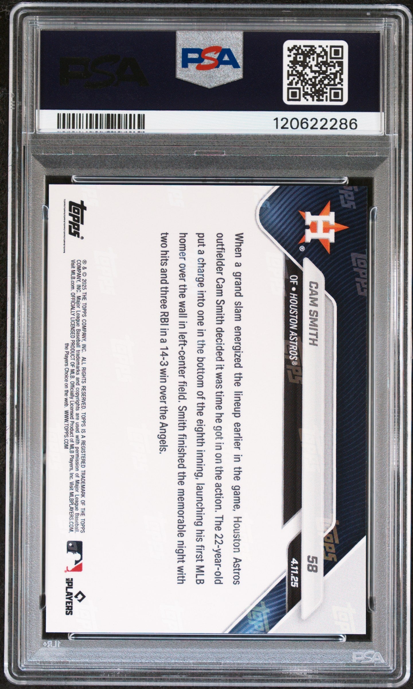 Graded 2025 Topps Now Cam Smith #58 Rookie RC Baseball Card PSA 9 Mint