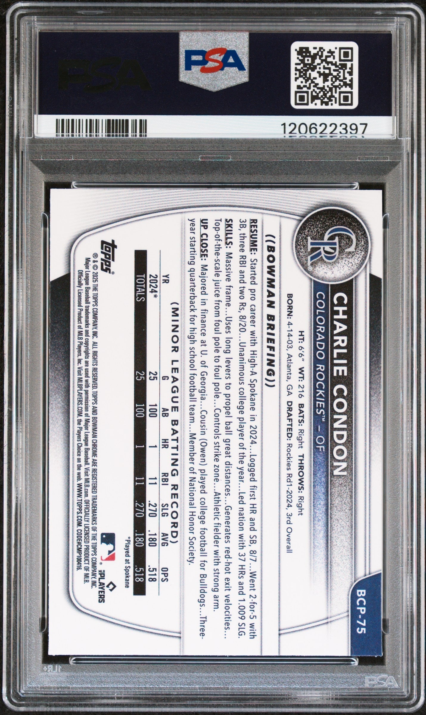 Graded 2025 Topps Bowman Charlie Condon #BCP75 Chrome Prospects Rookie RC Baseball Card PSA 9 Mint