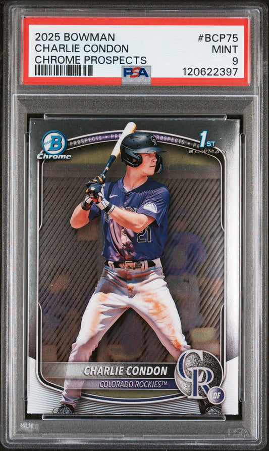 Graded 2025 Topps Bowman Charlie Condon #BCP75 Chrome Prospects Rookie RC Baseball Card PSA 9 Mint