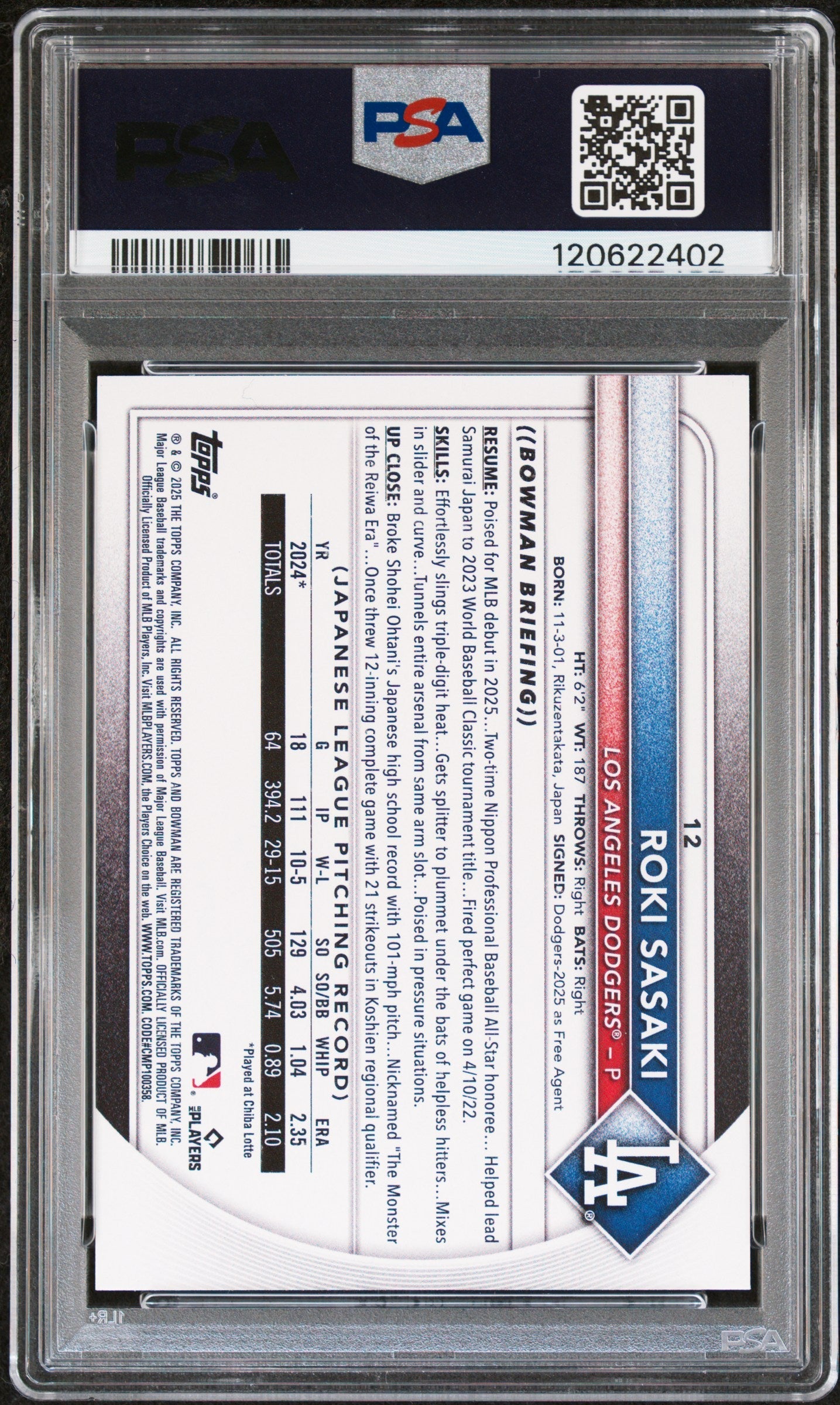 Graded 2025 Topps Bowman Roki Sasaki #12 Rookie RC Baseball Card PSA 8 Near Mint