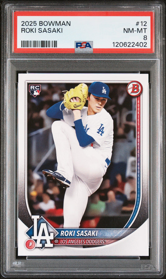 Graded 2025 Topps Bowman Roki Sasaki #12 Rookie RC Baseball Card PSA 8 Near Mint