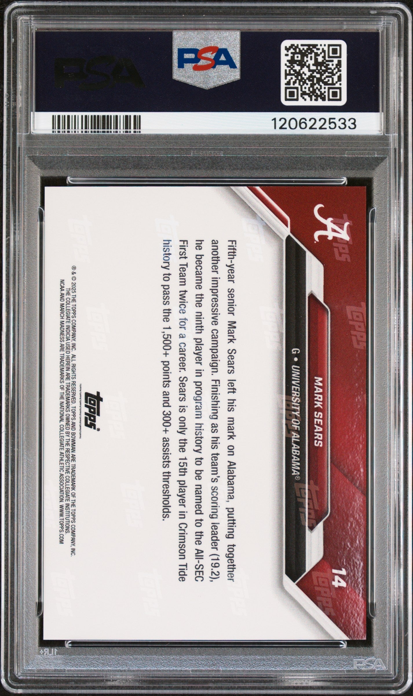 Graded 2025 Topps Bowman U Now Mark Sears #14 March Madness Rookie RC Basketball Card PSA 10 Gem Mint