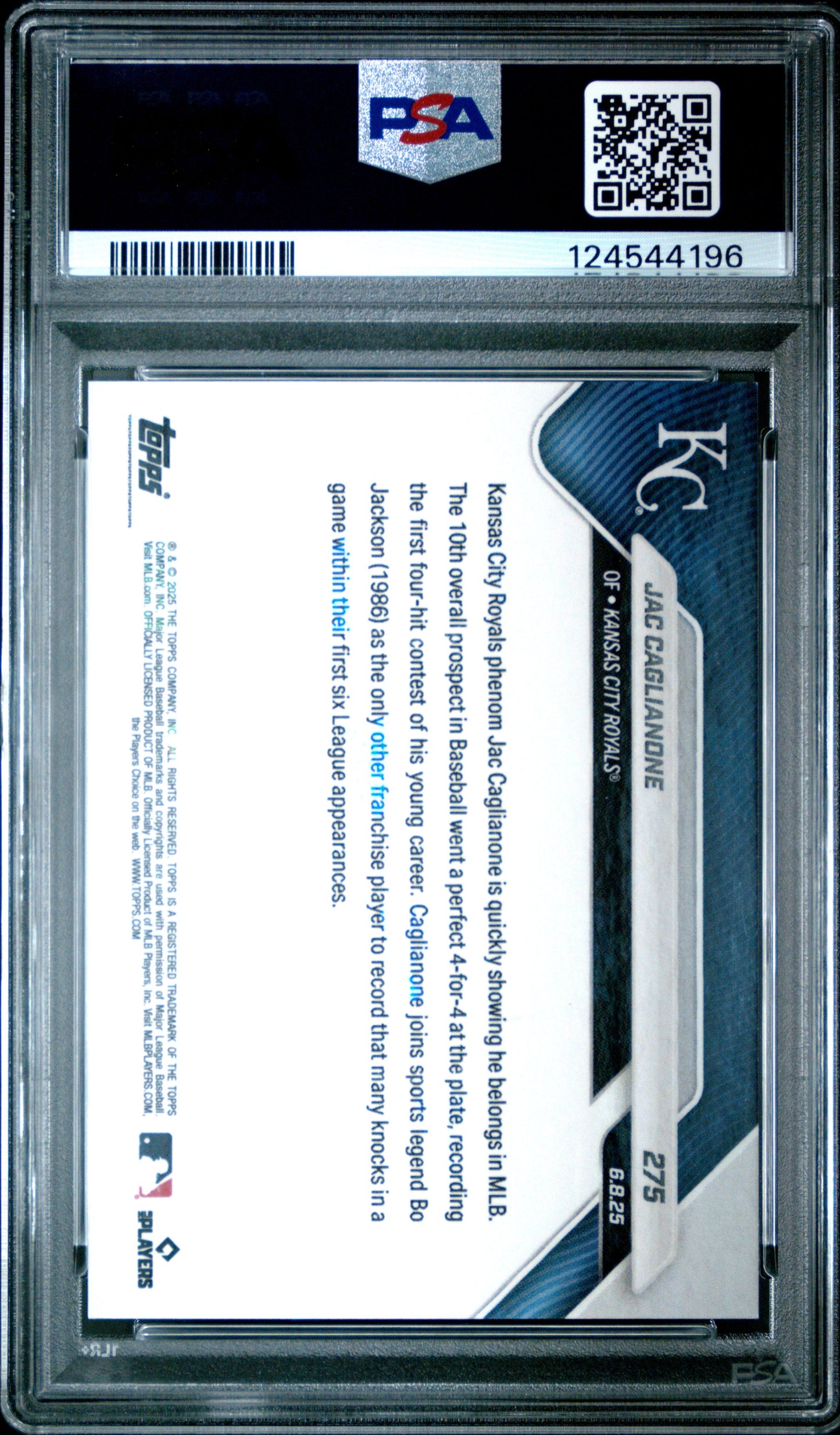 Graded 2025 Topps Now Jac Caglianone #275 Black Foil /10 Rookie RC Baseball Card PSA 9 Mint