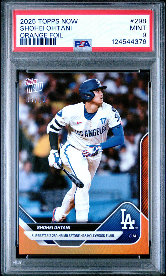 Graded 2025 Topps Now Shohei Ohtani #298 Orange Foil /25 Baseball Card PSA 9 Mint