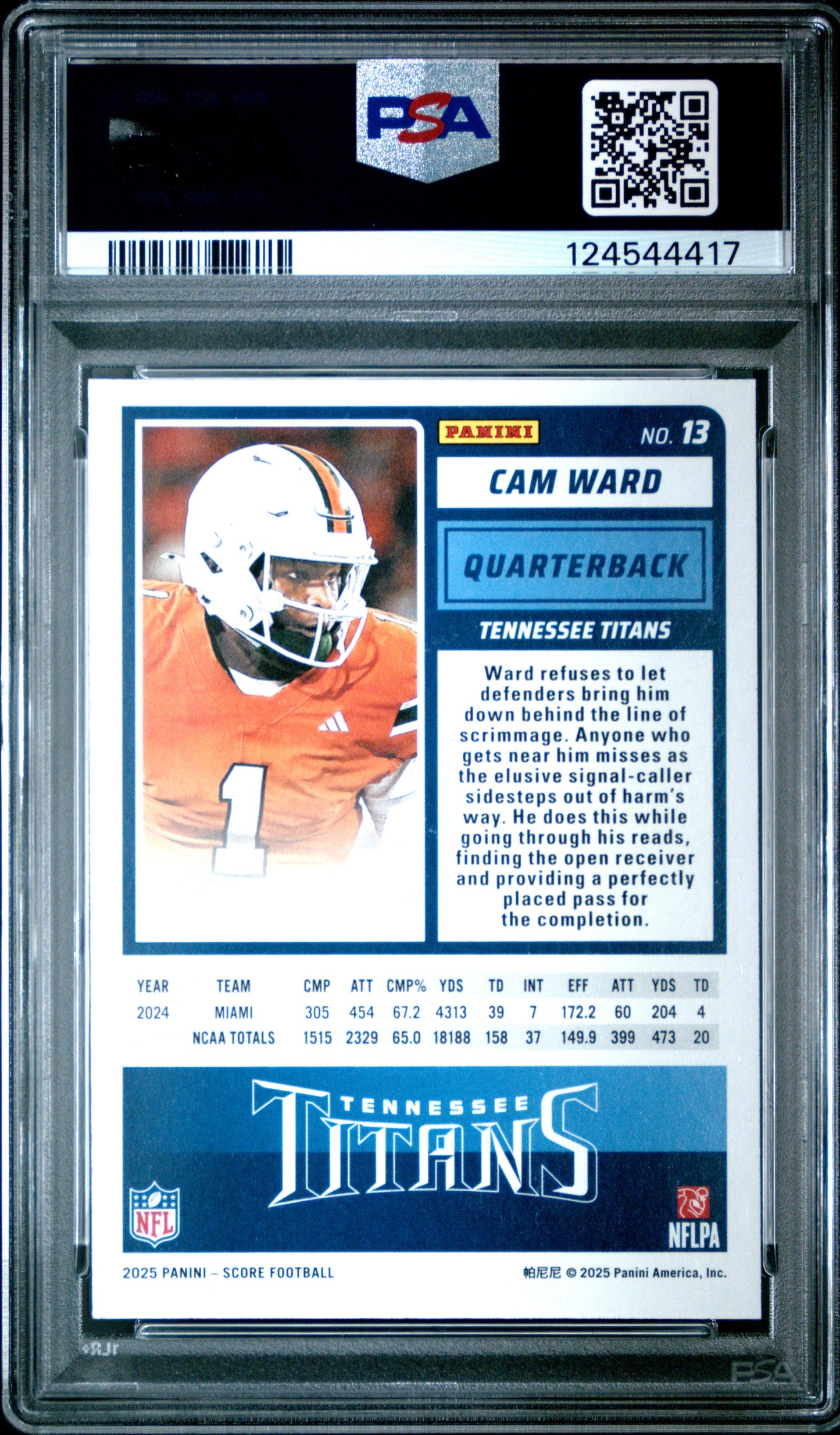 Graded 2025 Panini Score Cam Ward #13 Rookie RC Football Card PSA 9 Mint